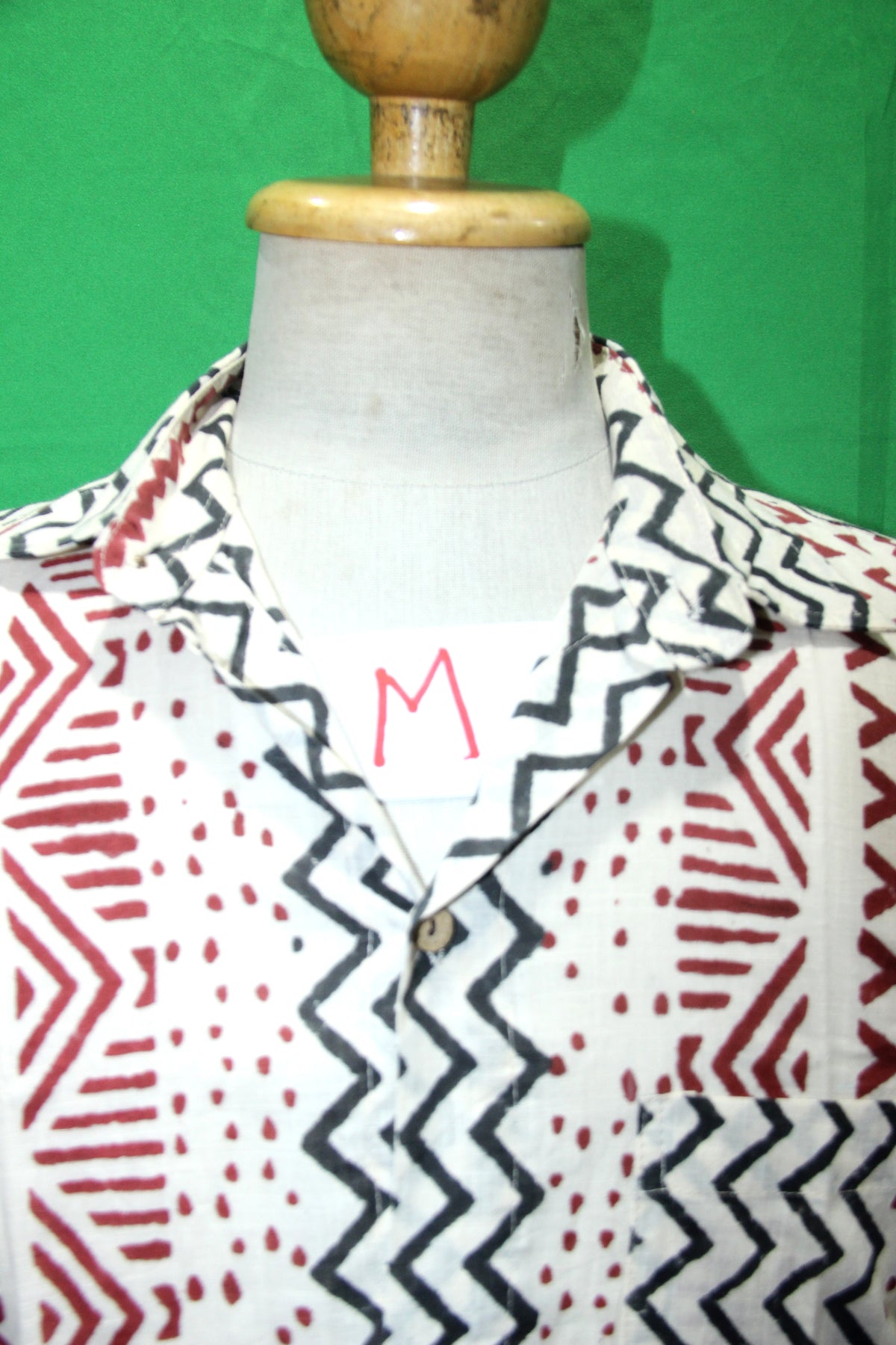 Red Zigzag Tribal Stripes men's Hawaiian shirt — fabric detail