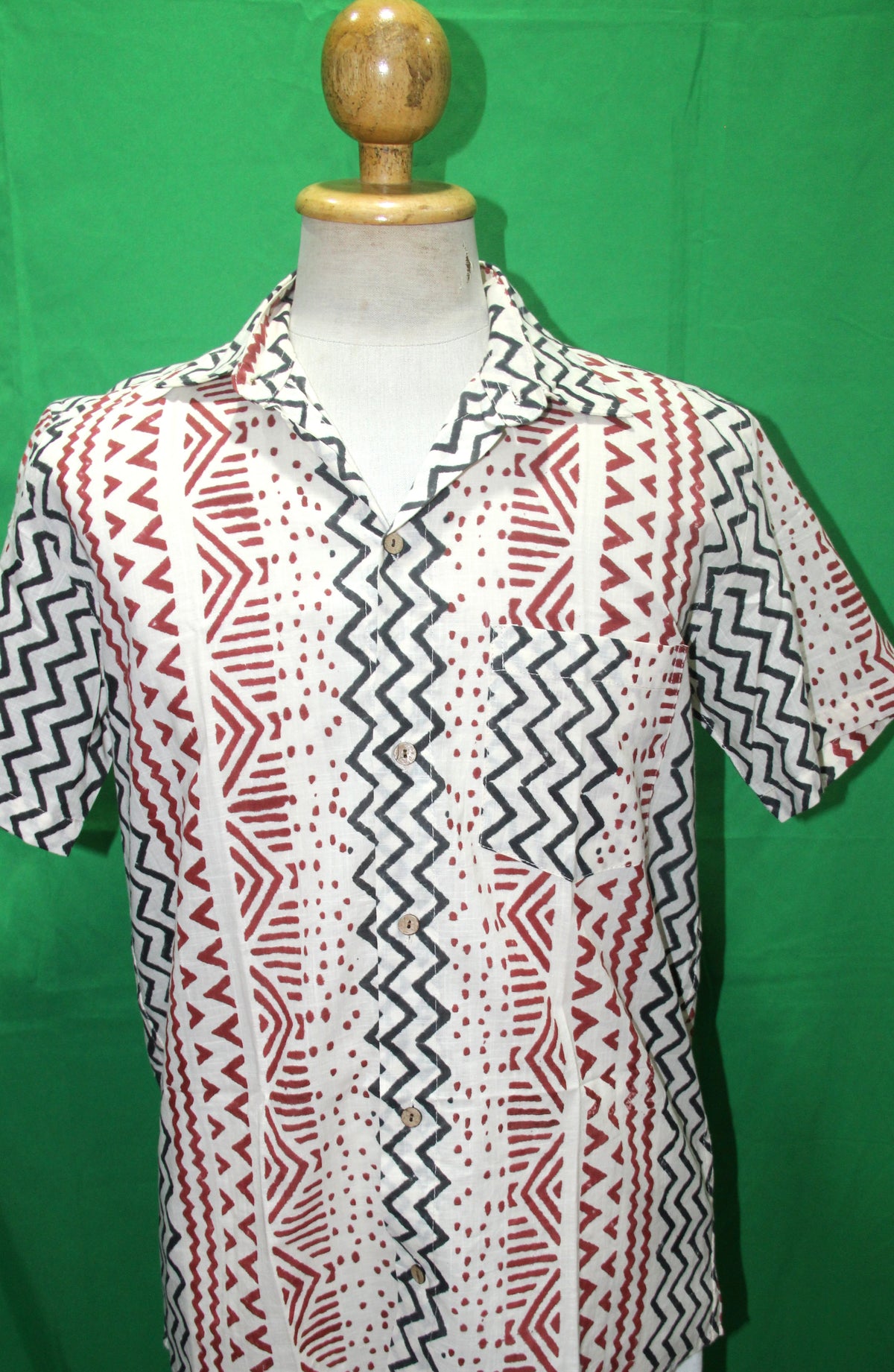 Red Zigzag Tribal Stripes men's Hawaiian shirt — full garment