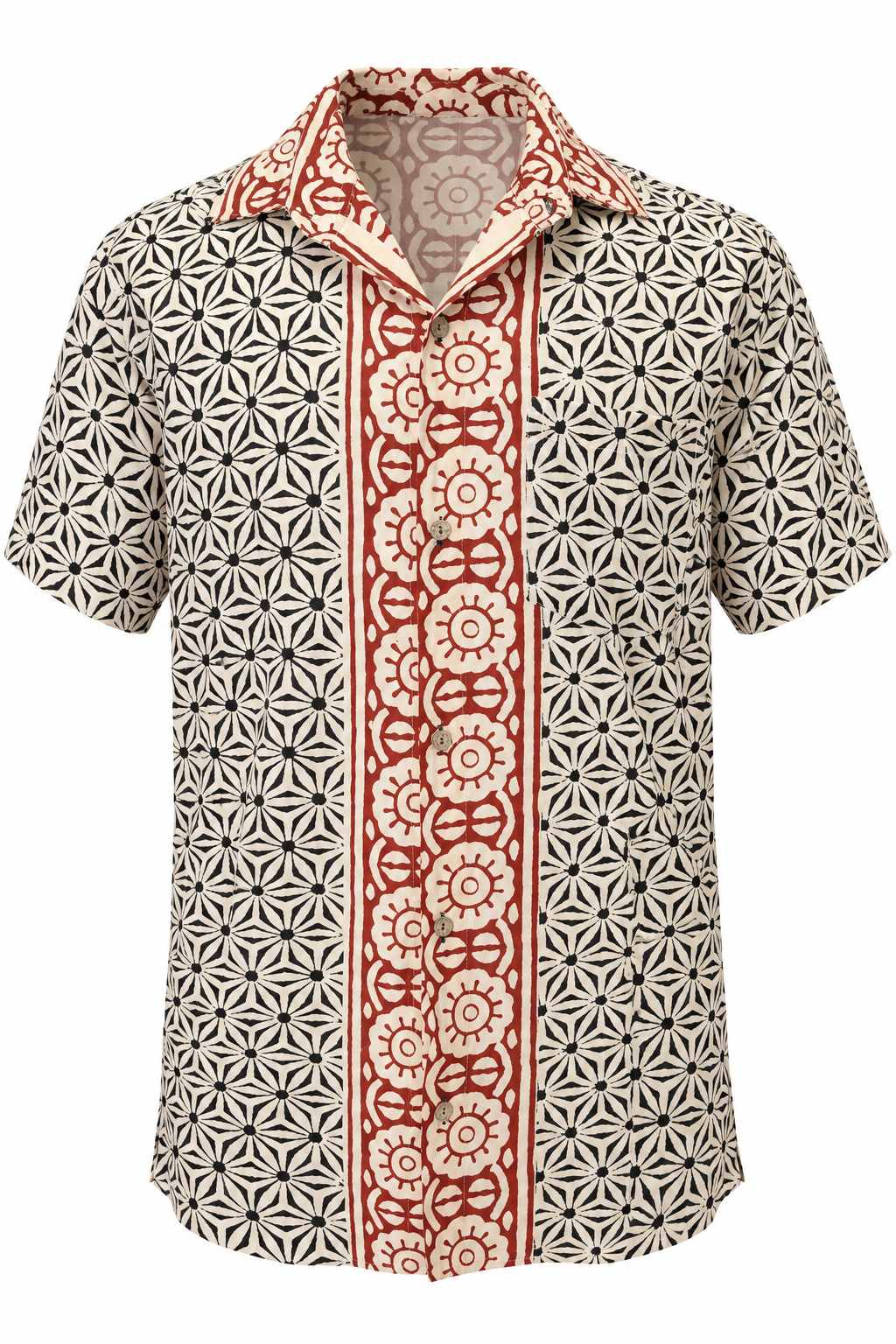 Rust Floral Panel men's Hawaiian shirt — ghost mannequin front