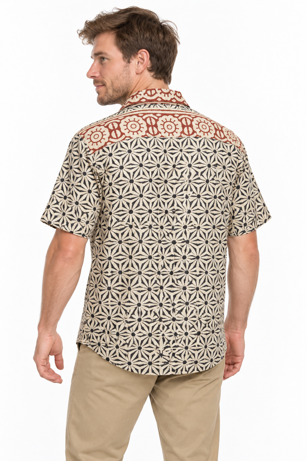 Rust Floral Panel men's Hawaiian shirt — model three-quarter back