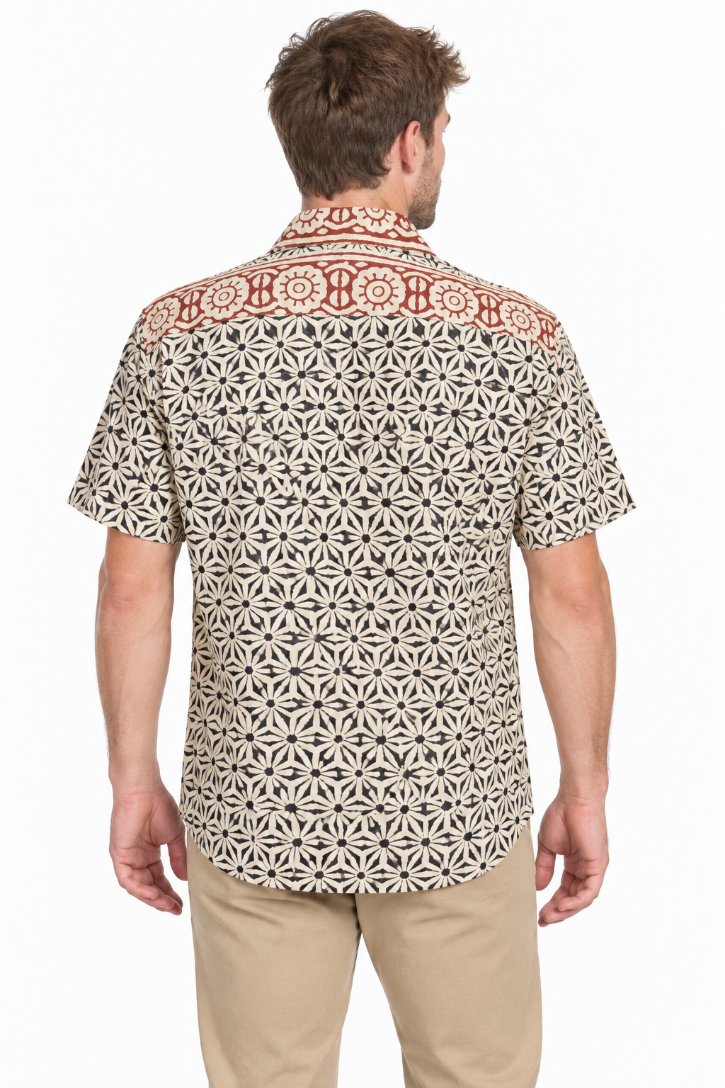 Rust Floral Panel men's Hawaiian shirt — model back