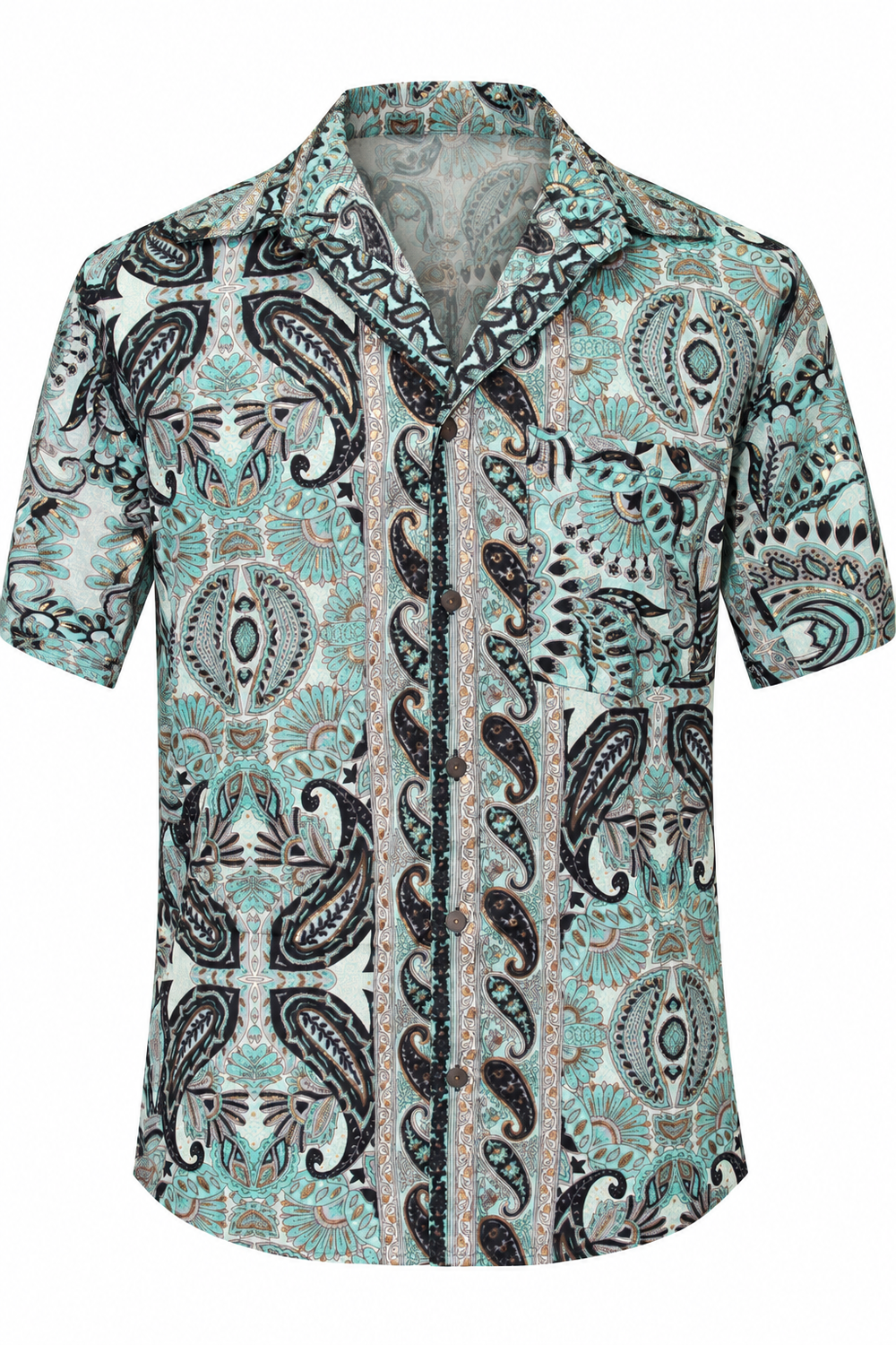 Sage Paisley Garden men's Hawaiian shirt — ghost mannequin front