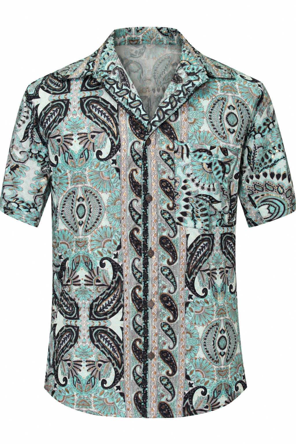 Sage Paisley Garden men's Hawaiian shirt — ghost mannequin front