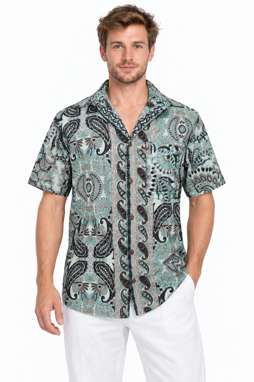 Sage Paisley Garden men's Hawaiian shirt — model front