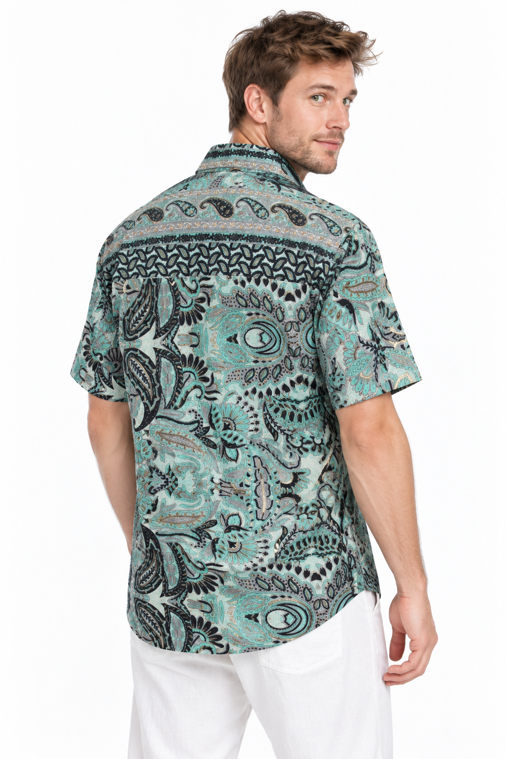 Sage Paisley Garden men's Hawaiian shirt — model three-quarter back