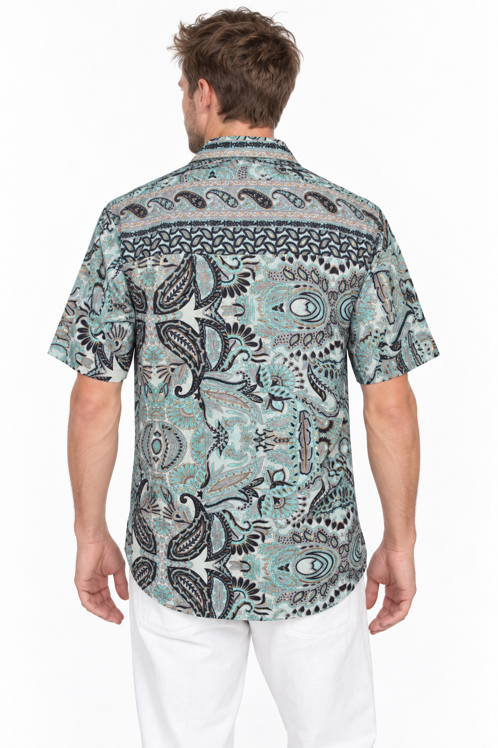Sage Paisley Garden men's Hawaiian shirt — model back