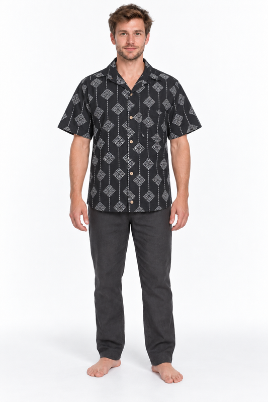 Silver Diamond Grid men's Hawaiian shirt — model front