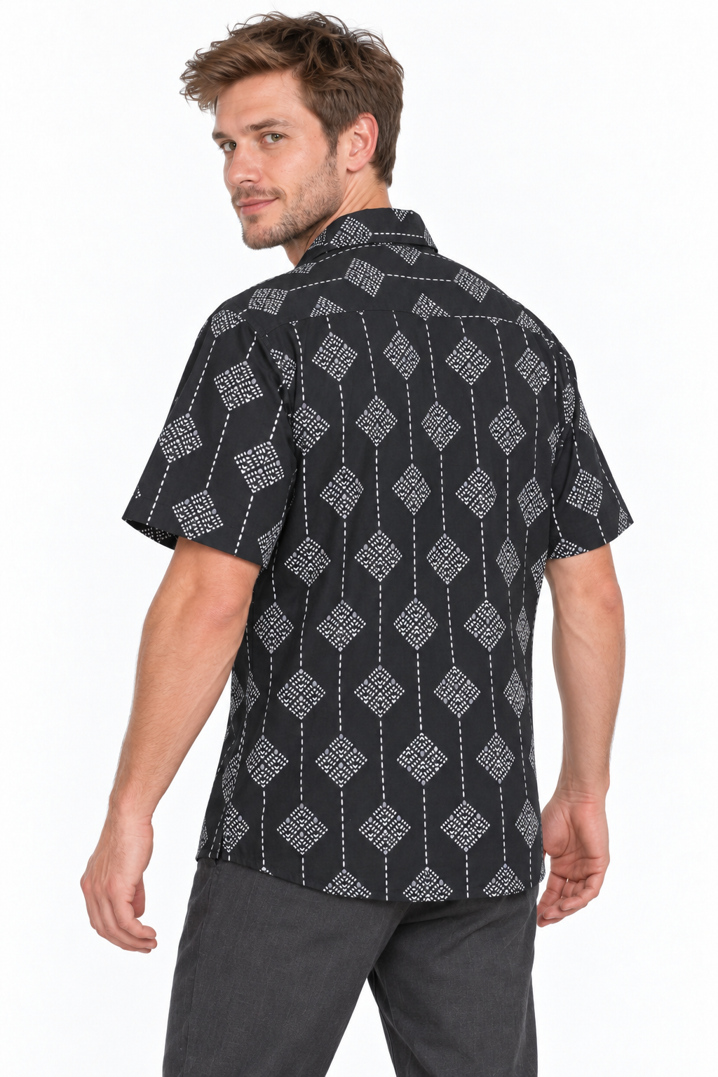 Silver Diamond Grid men's Hawaiian shirt — model three-quarter back