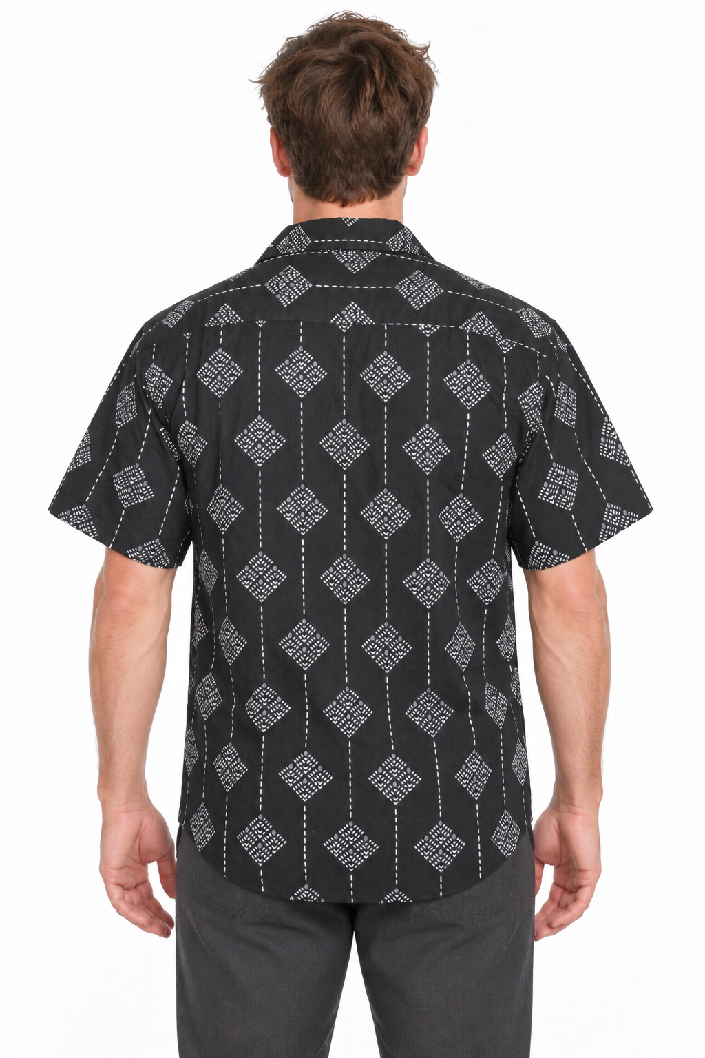 Silver Diamond Grid men's Hawaiian shirt — model back
