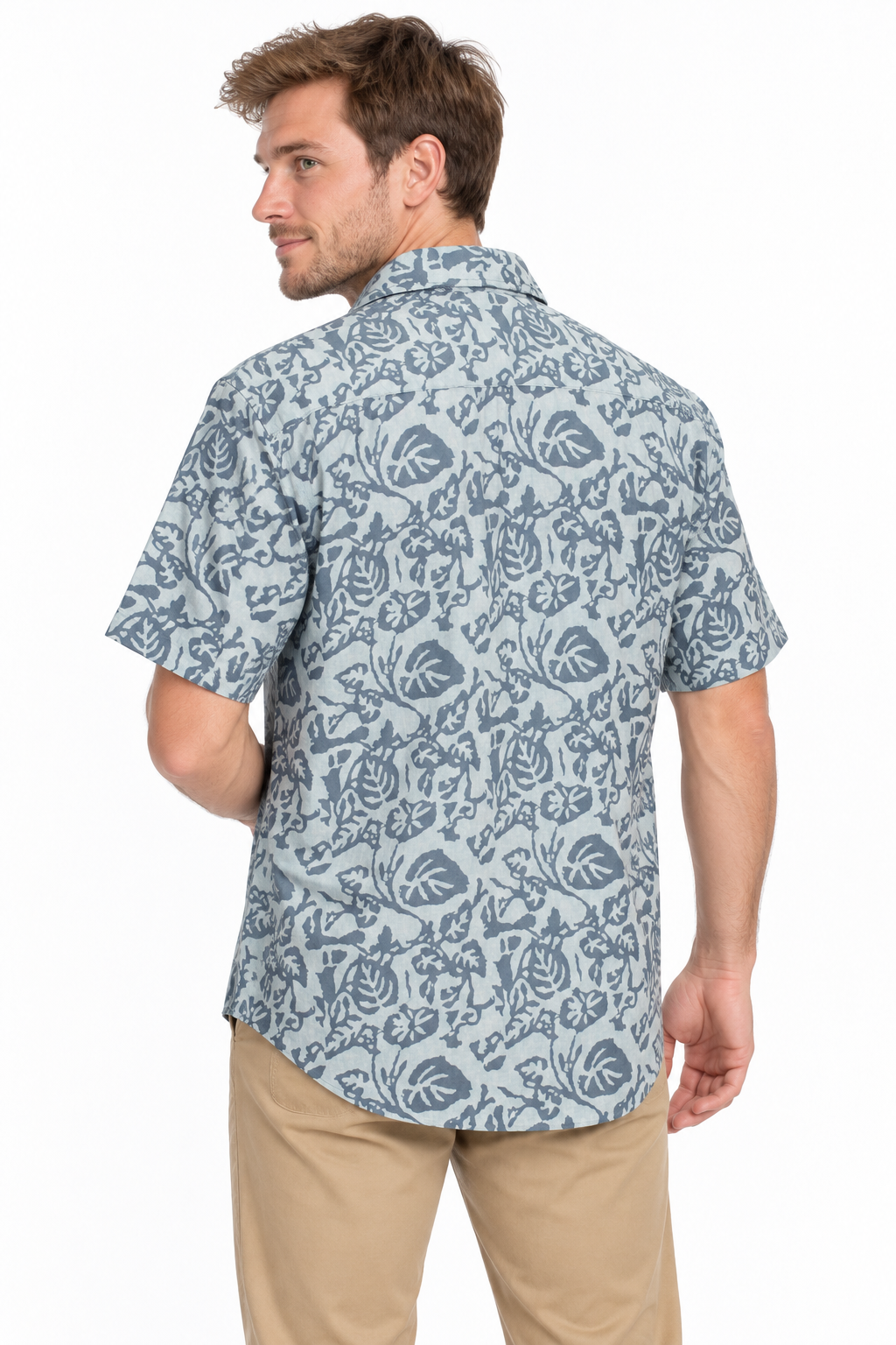 Silver Paisley Garden men's Hawaiian shirt — model three-quarter back