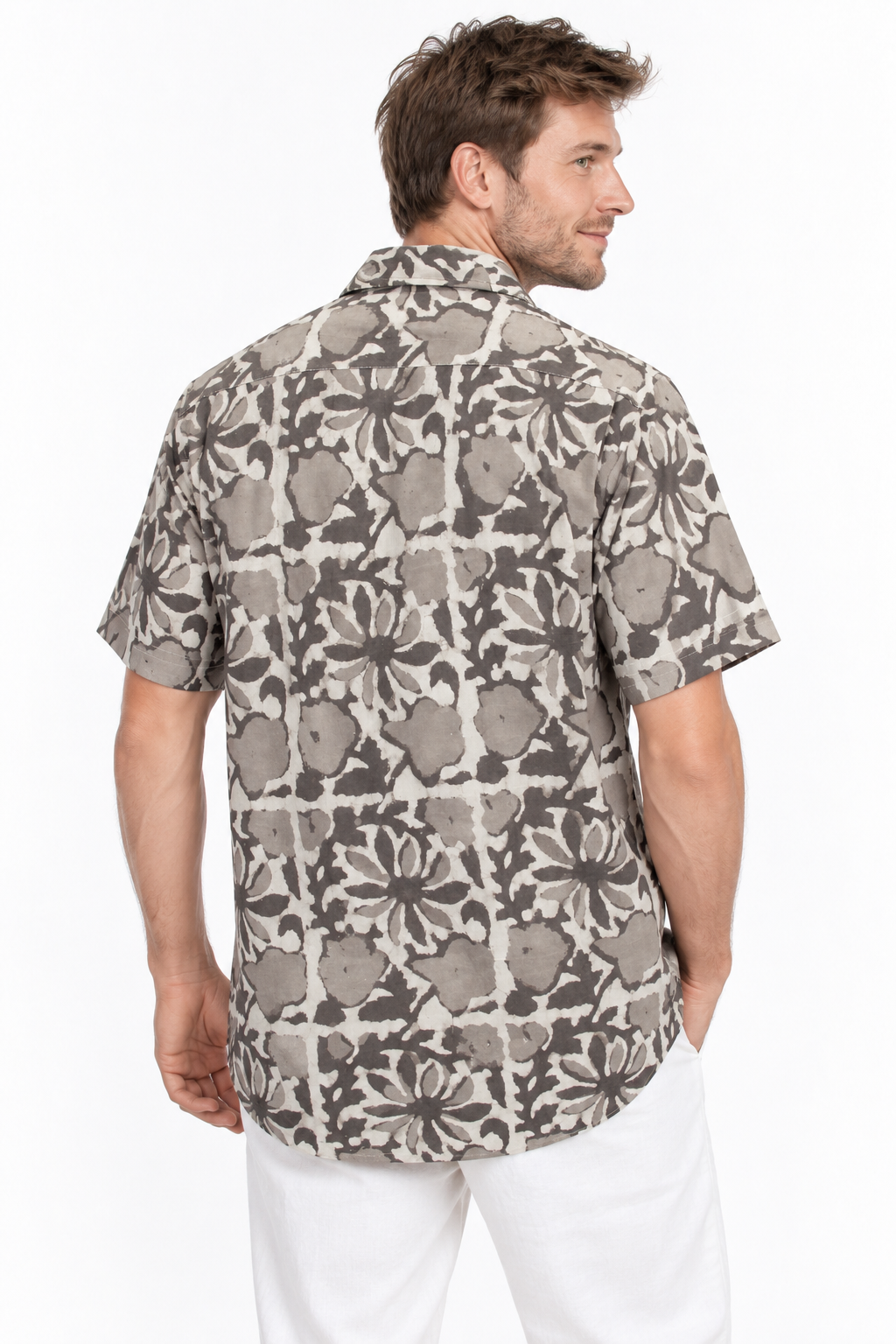 Stone Flower Garden men's Hawaiian shirt — model three-quarter back