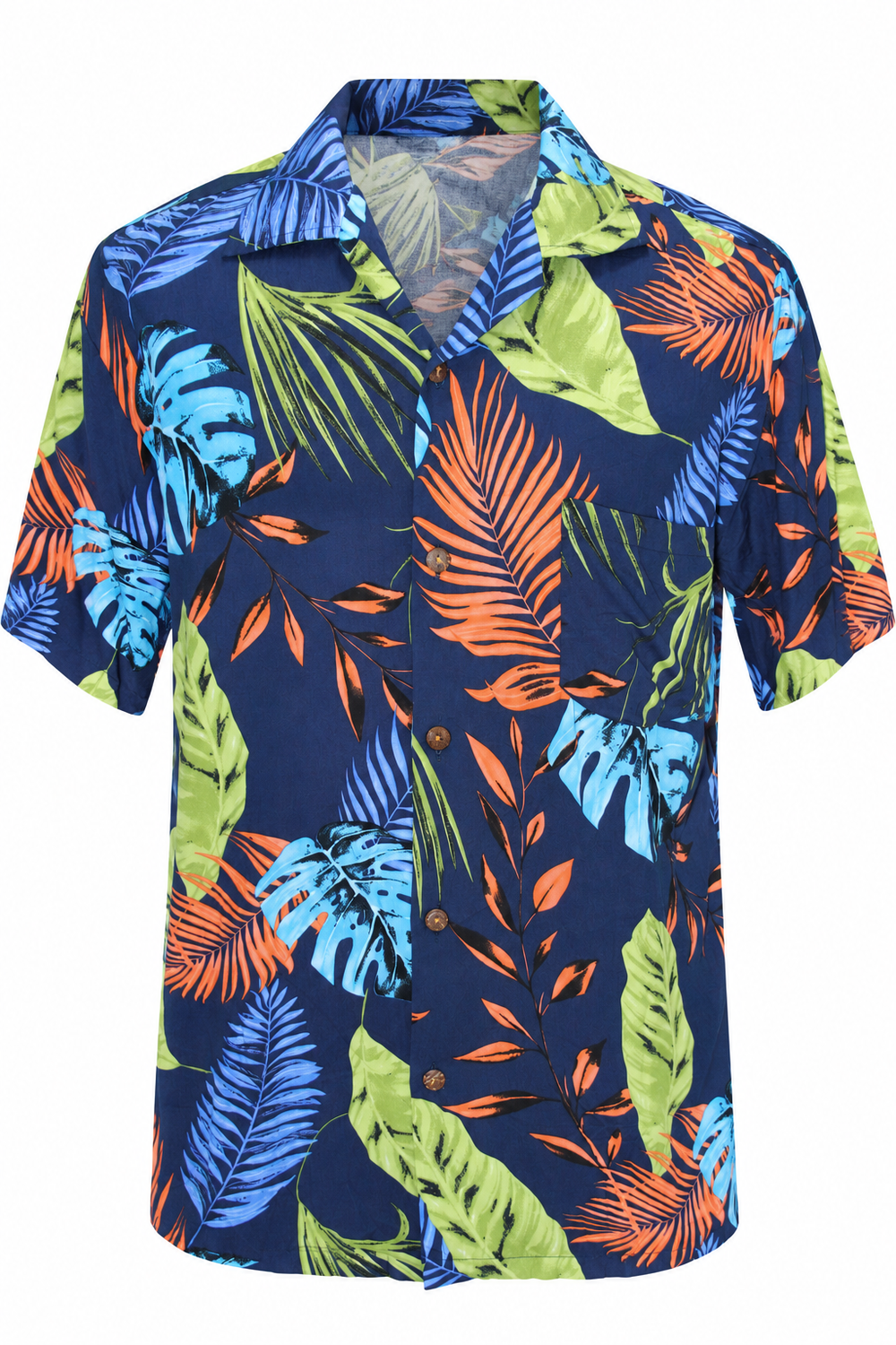 Sunset Jungle Leaves men's Hawaiian shirt — ghost mannequin front