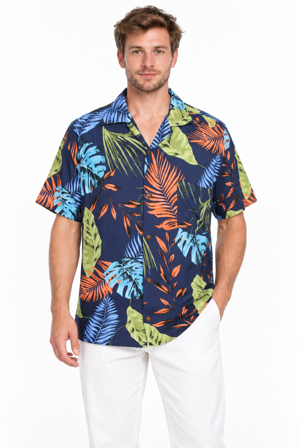 Sunset Jungle Leaves men's Hawaiian shirt — model front