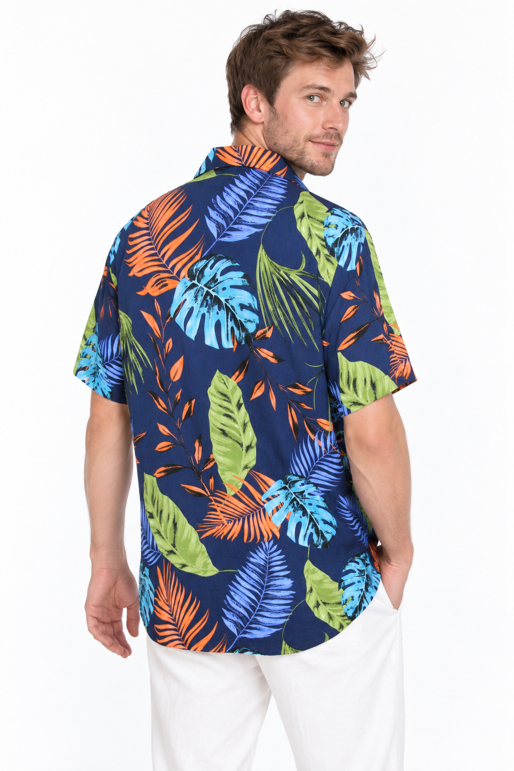 Sunset Jungle Leaves men's Hawaiian shirt — model three-quarter back