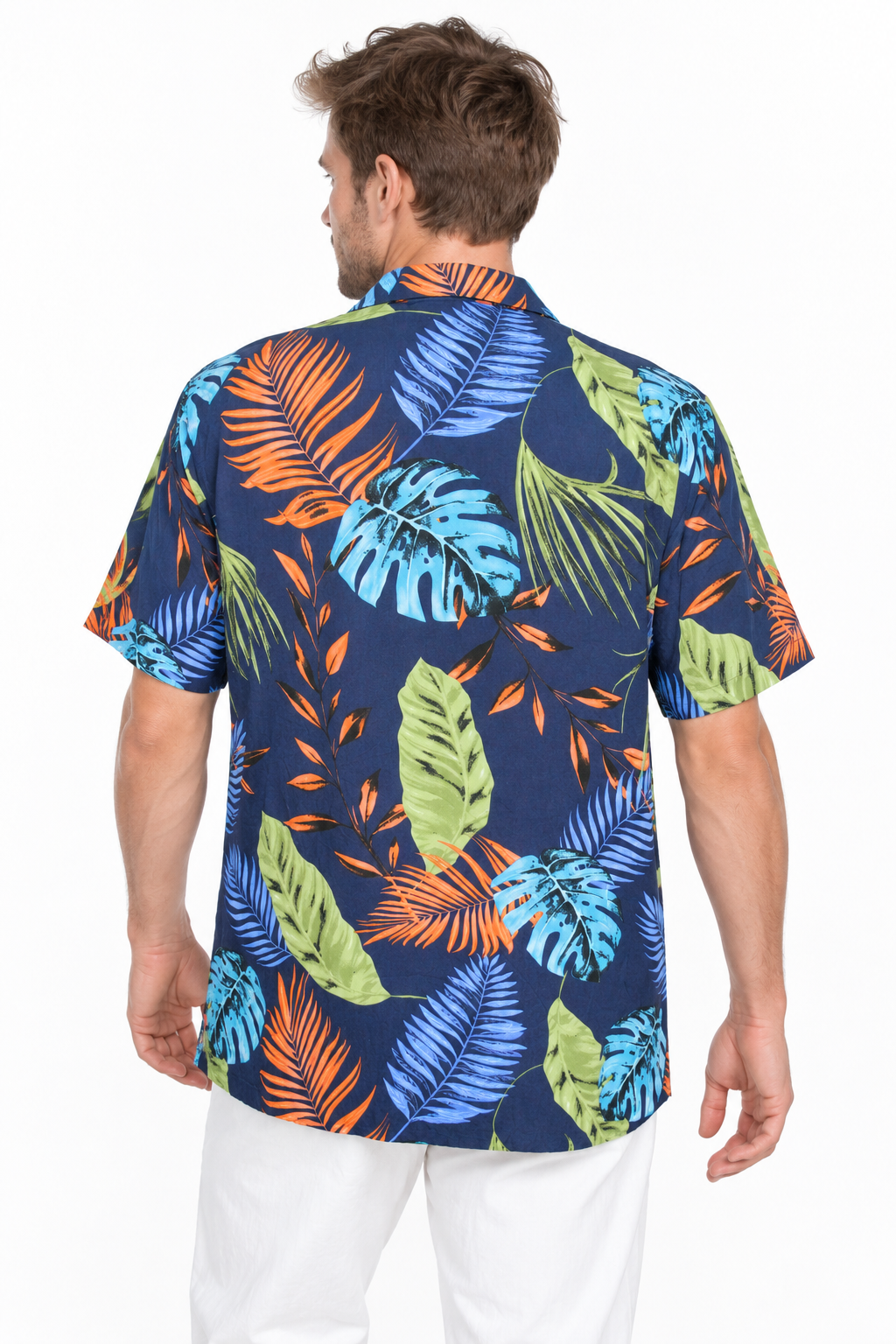 Sunset Jungle Leaves men's Hawaiian shirt — model back