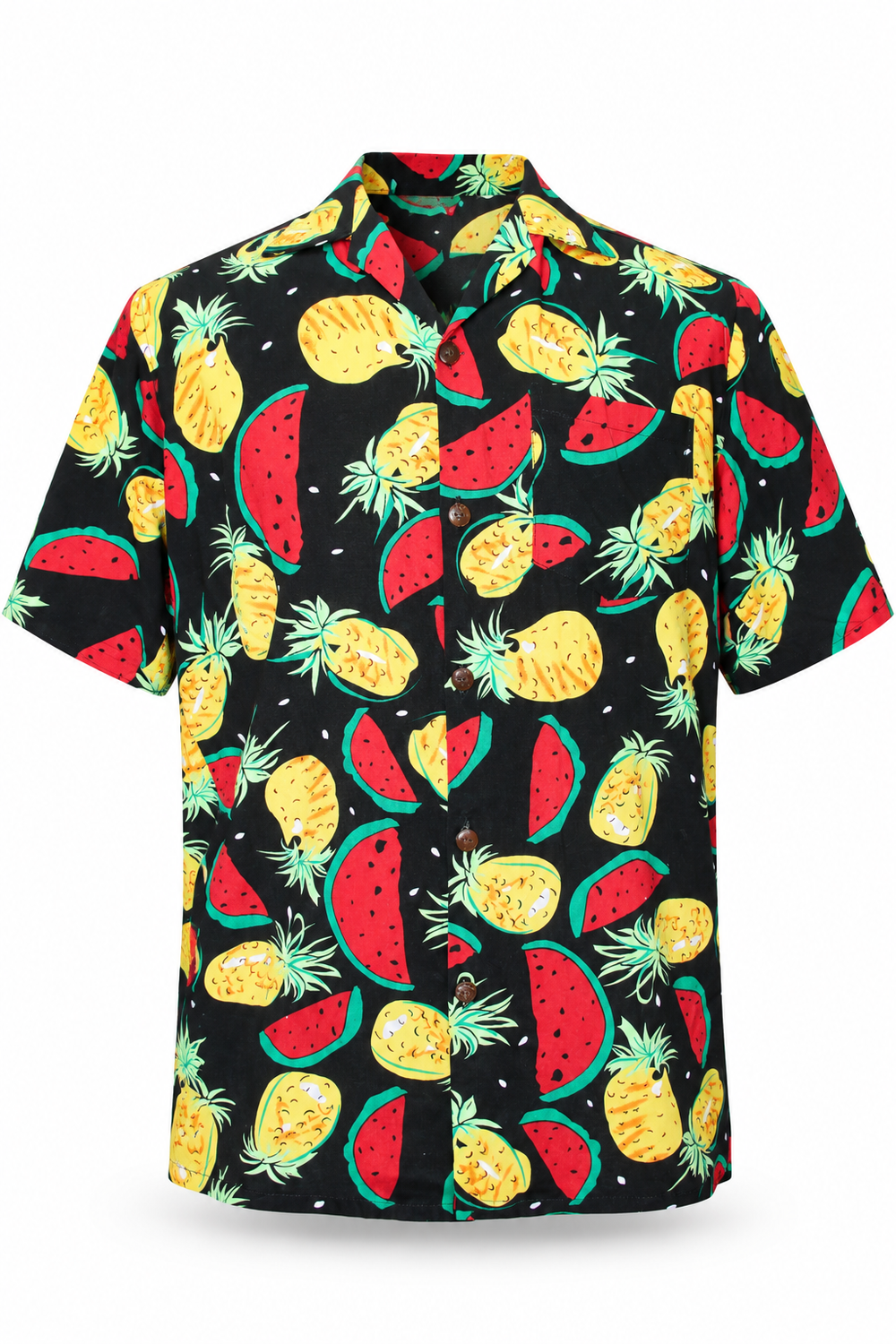 Tropical Watermelon and Pineapple men's Hawaiian shirt — ghost mannequin front