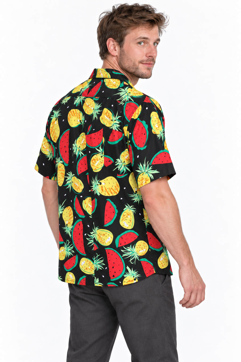 Tropical Watermelon and Pineapple men's Hawaiian shirt — model three-quarter back