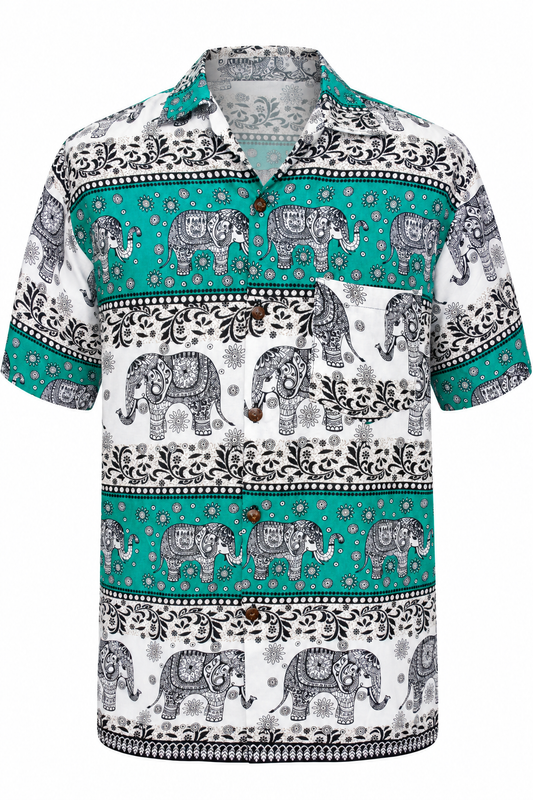 Turquoise Elephant Bands men's Hawaiian shirt — ghost mannequin front