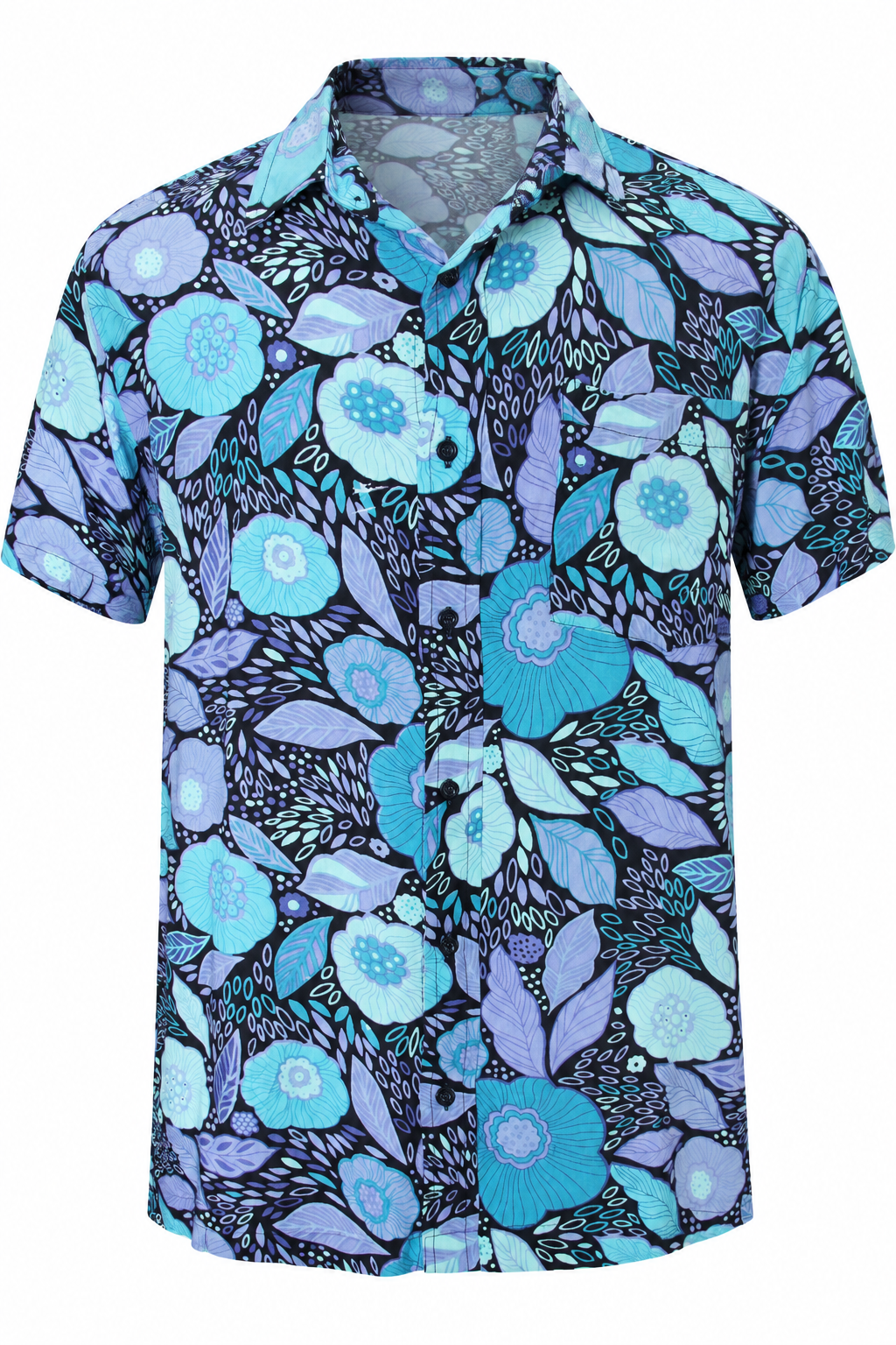 Turquoise Midnight Flowers men's Hawaiian shirt — ghost mannequin front