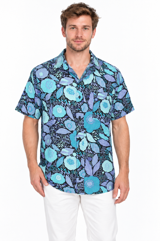 Turquoise Midnight Flowers men's Hawaiian shirt — model front