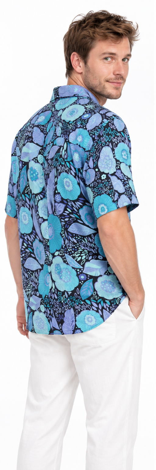 Turquoise Midnight Flowers men's Hawaiian shirt — model three-quarter back