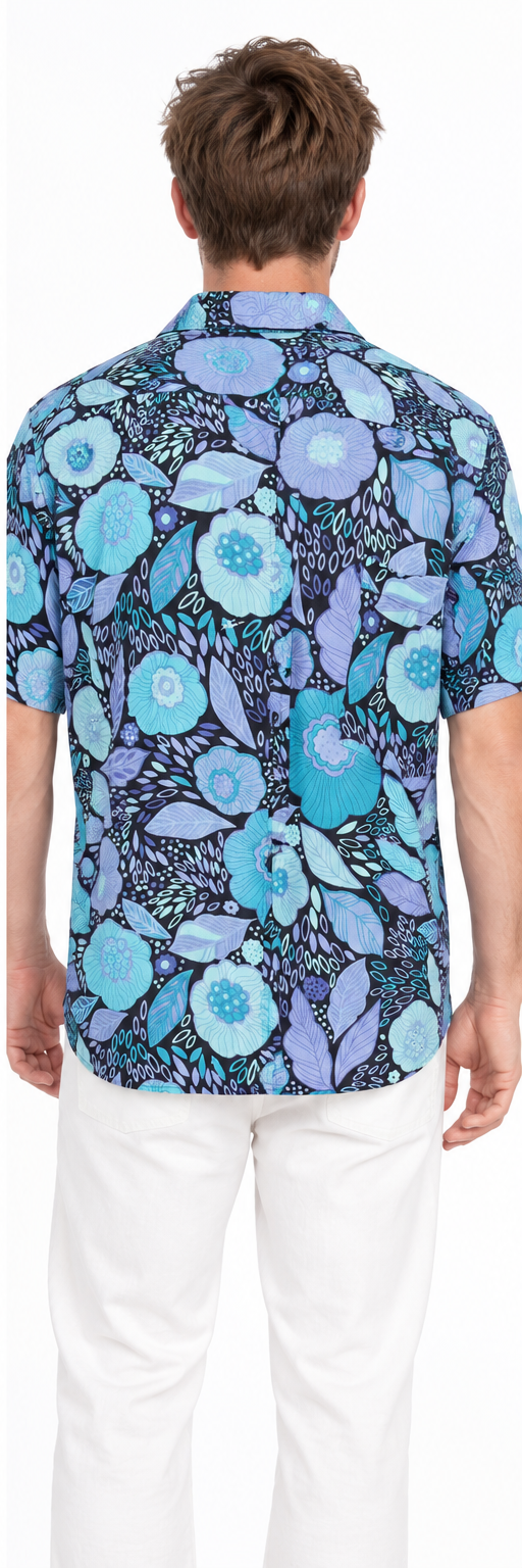 Turquoise Midnight Flowers men's Hawaiian shirt — model back