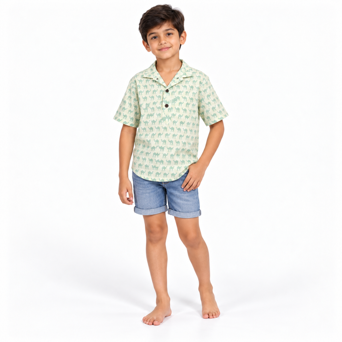 Mint Camel Print Shirt - boys model front view