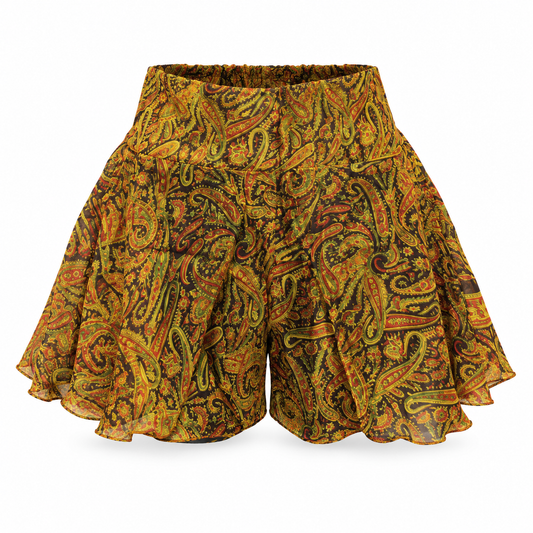 Mustard Brown Paisley Shorts – front ghost mannequin