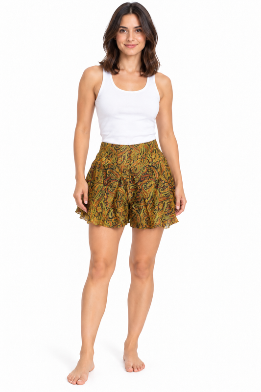 Mustard Brown Paisley Shorts – front model view
