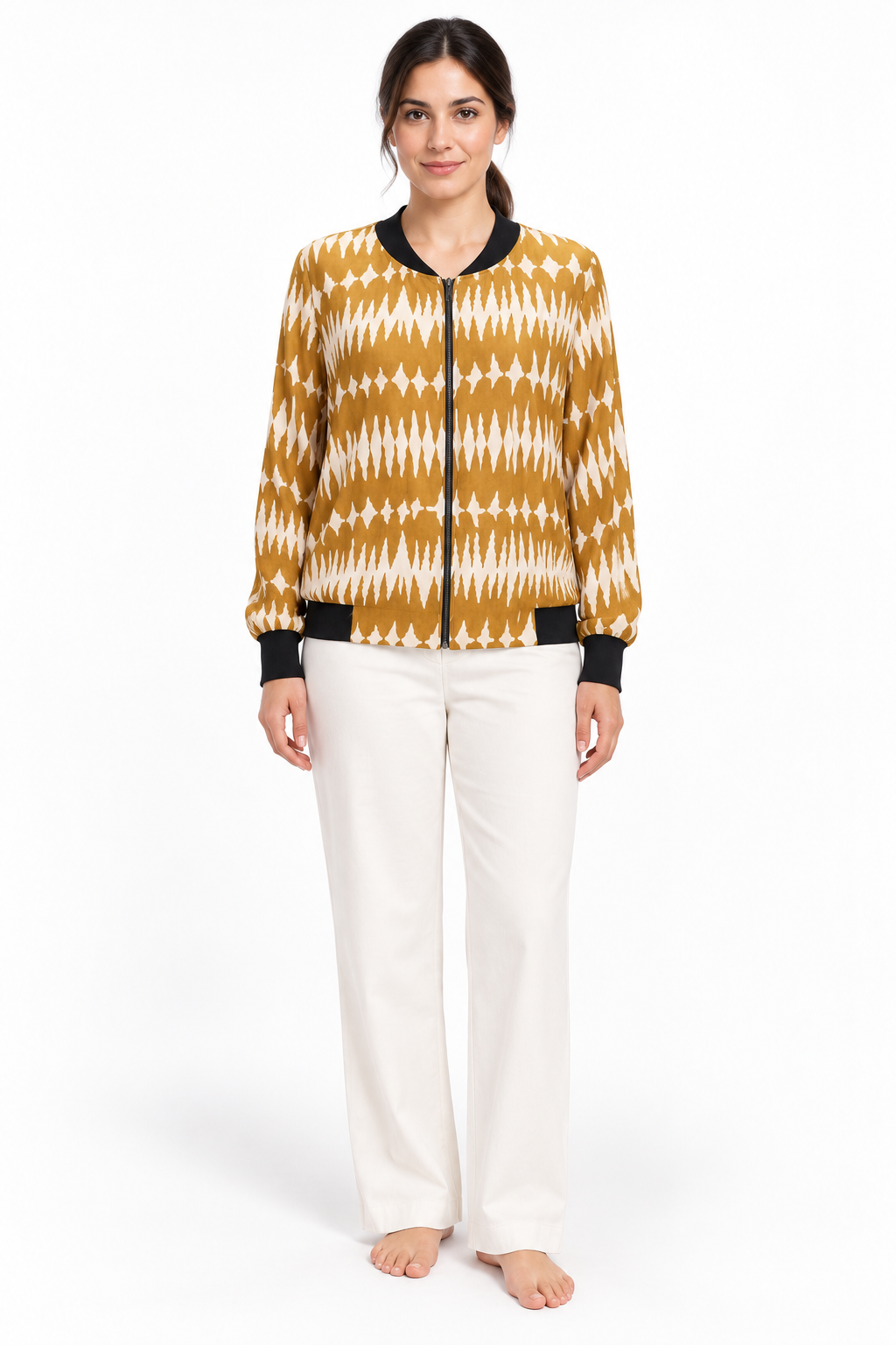 Mustard White Ikat Pattern jacket, model front view