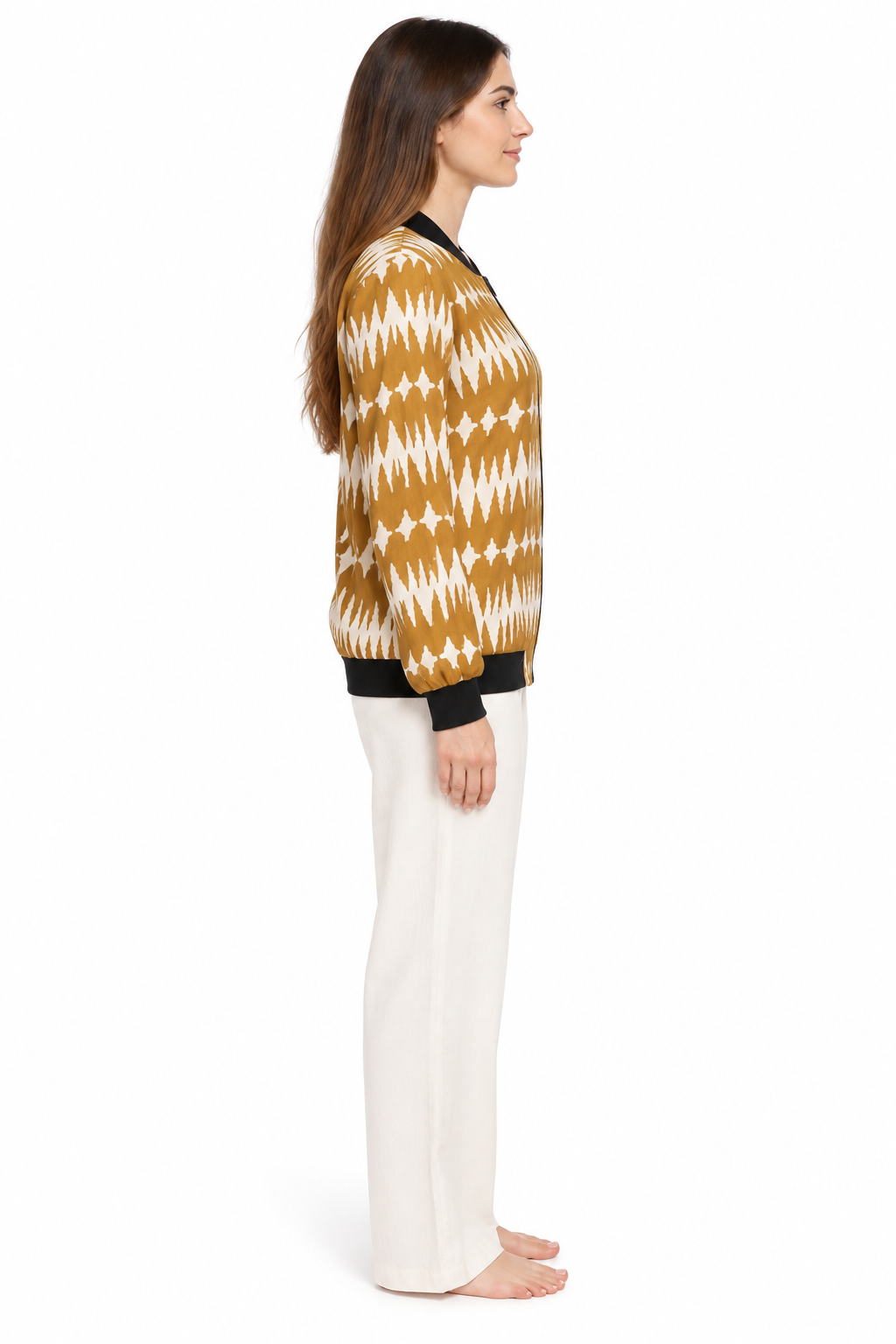 Mustard White Ikat Pattern jacket, three-quarter back view