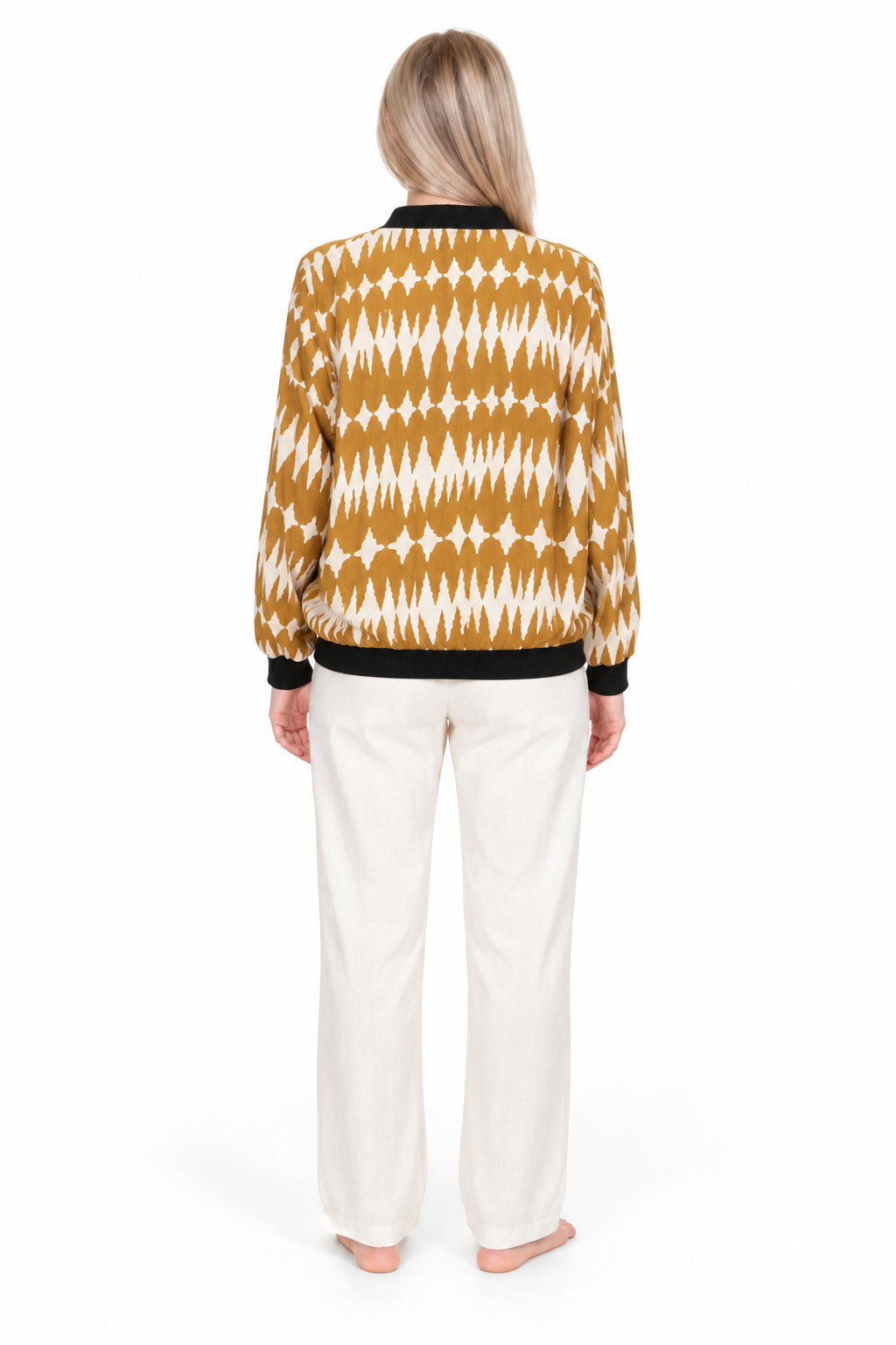 Mustard White Ikat Pattern jacket, back view