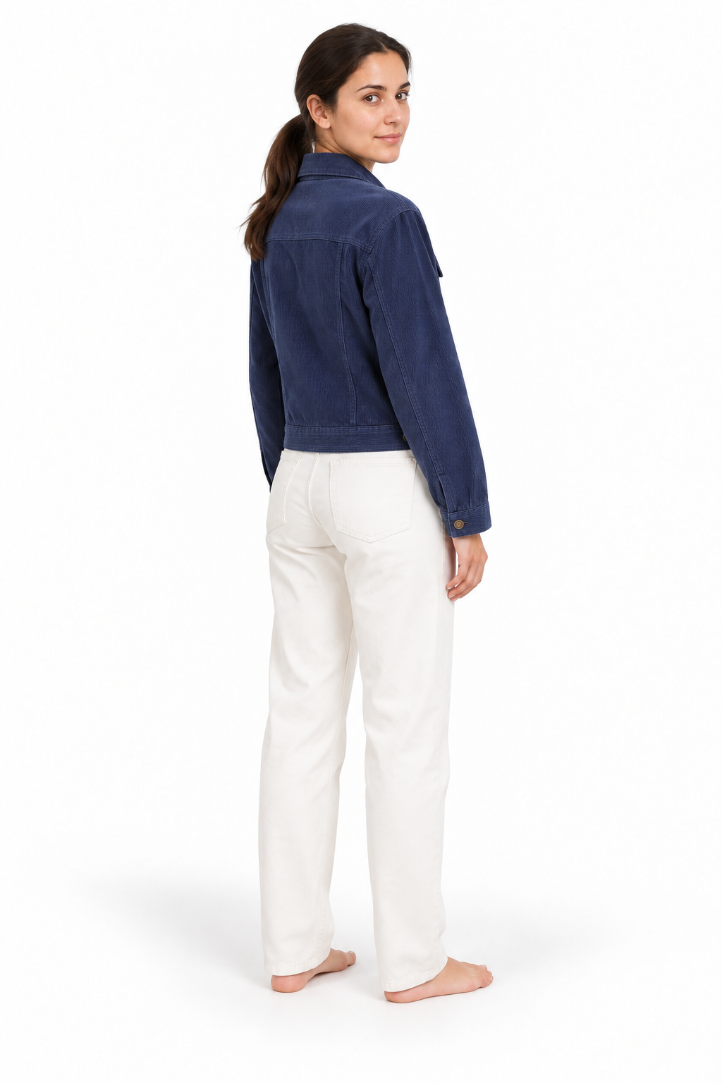 Navy Blue jacket, three-quarter back view