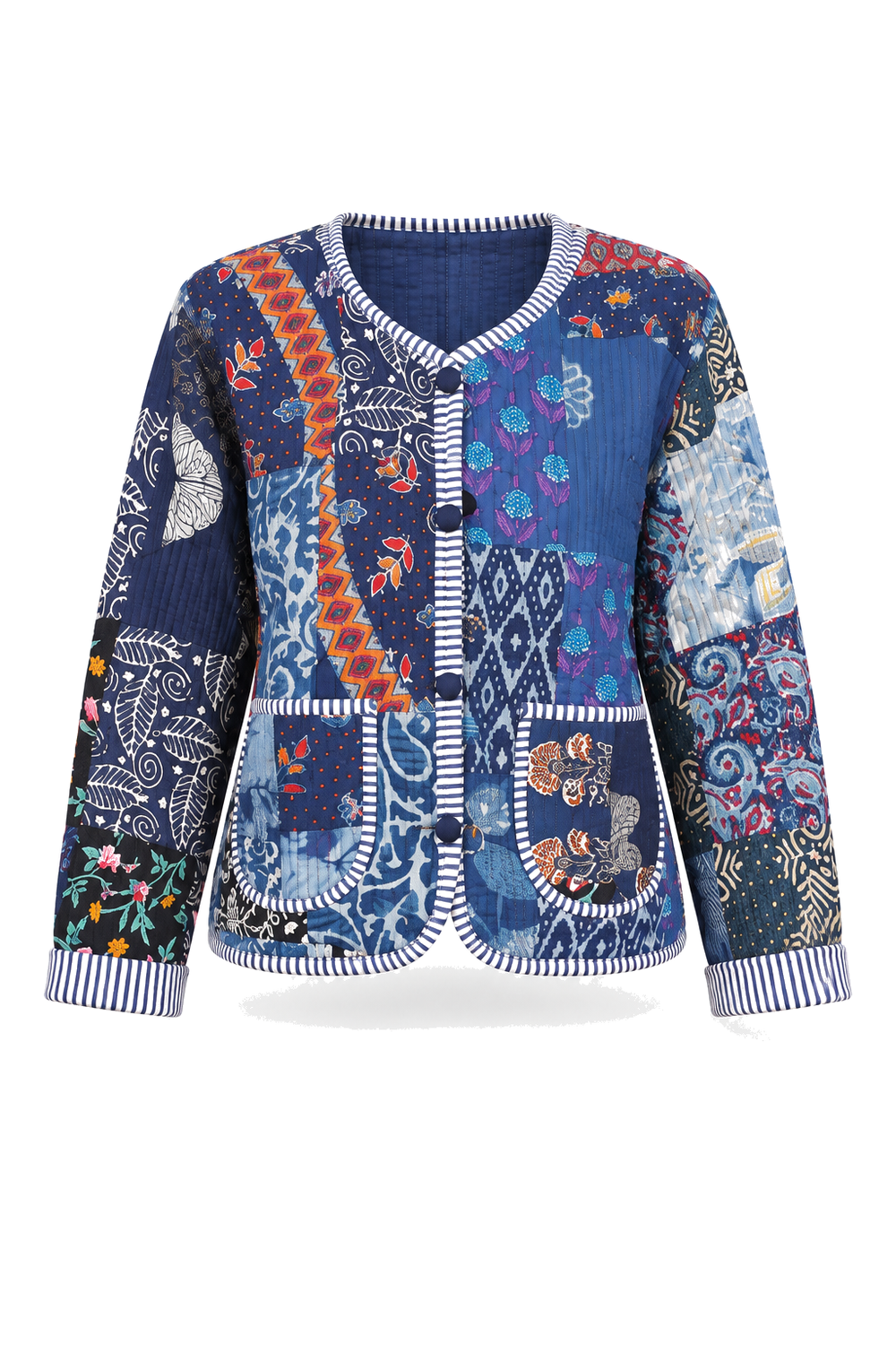 Navy patchwork reversible jacket — ghost mannequin, Side A