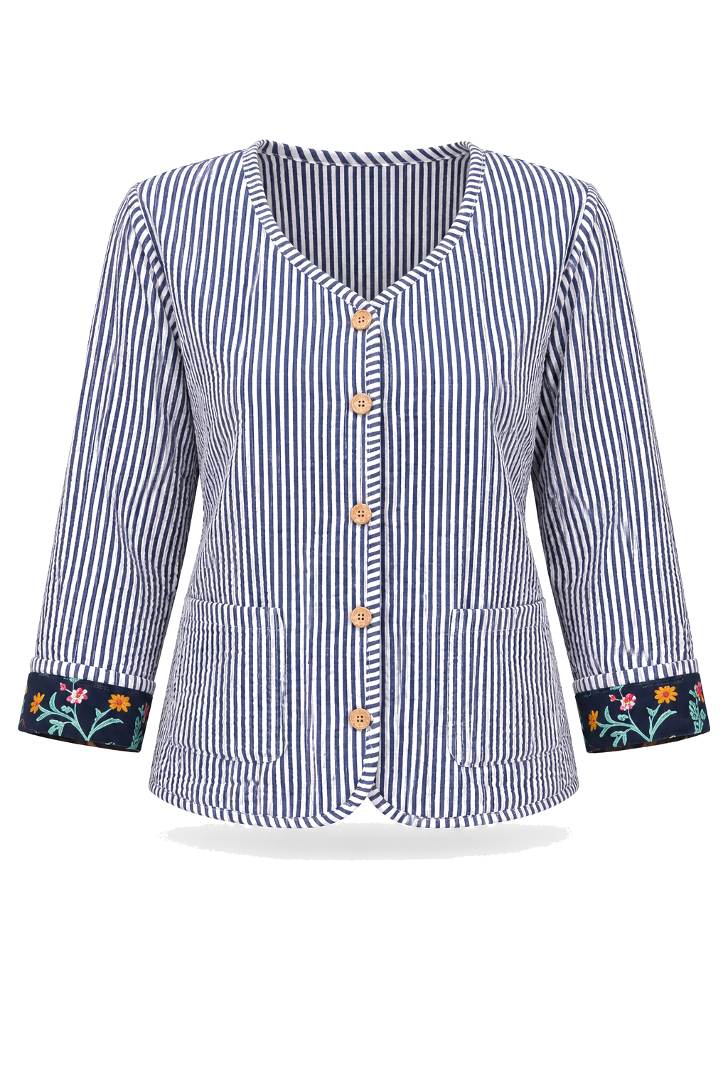 Navy white striped reversible jacket — ghost mannequin, Side B