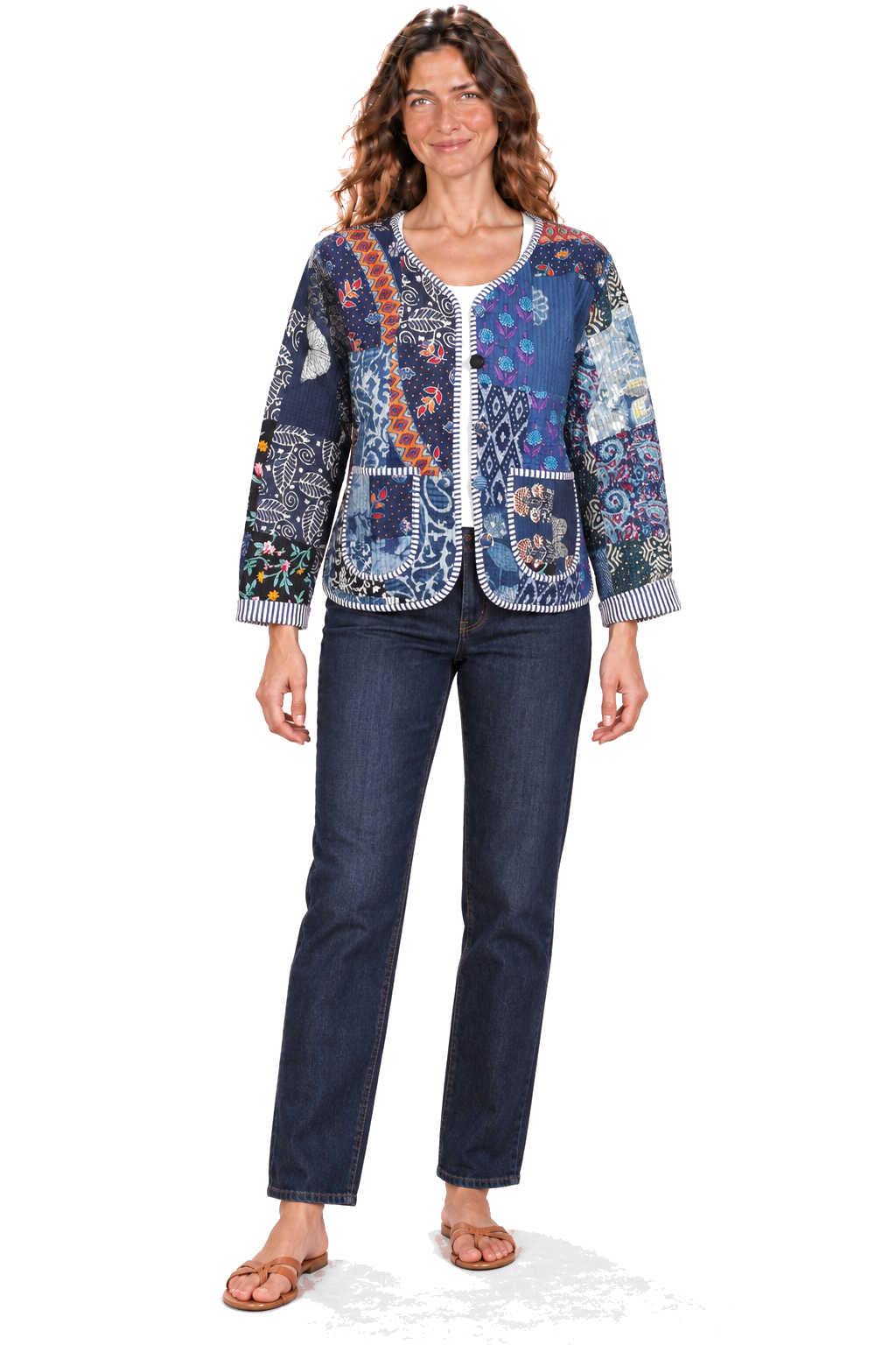 Navy patchwork reversible jacket — front view