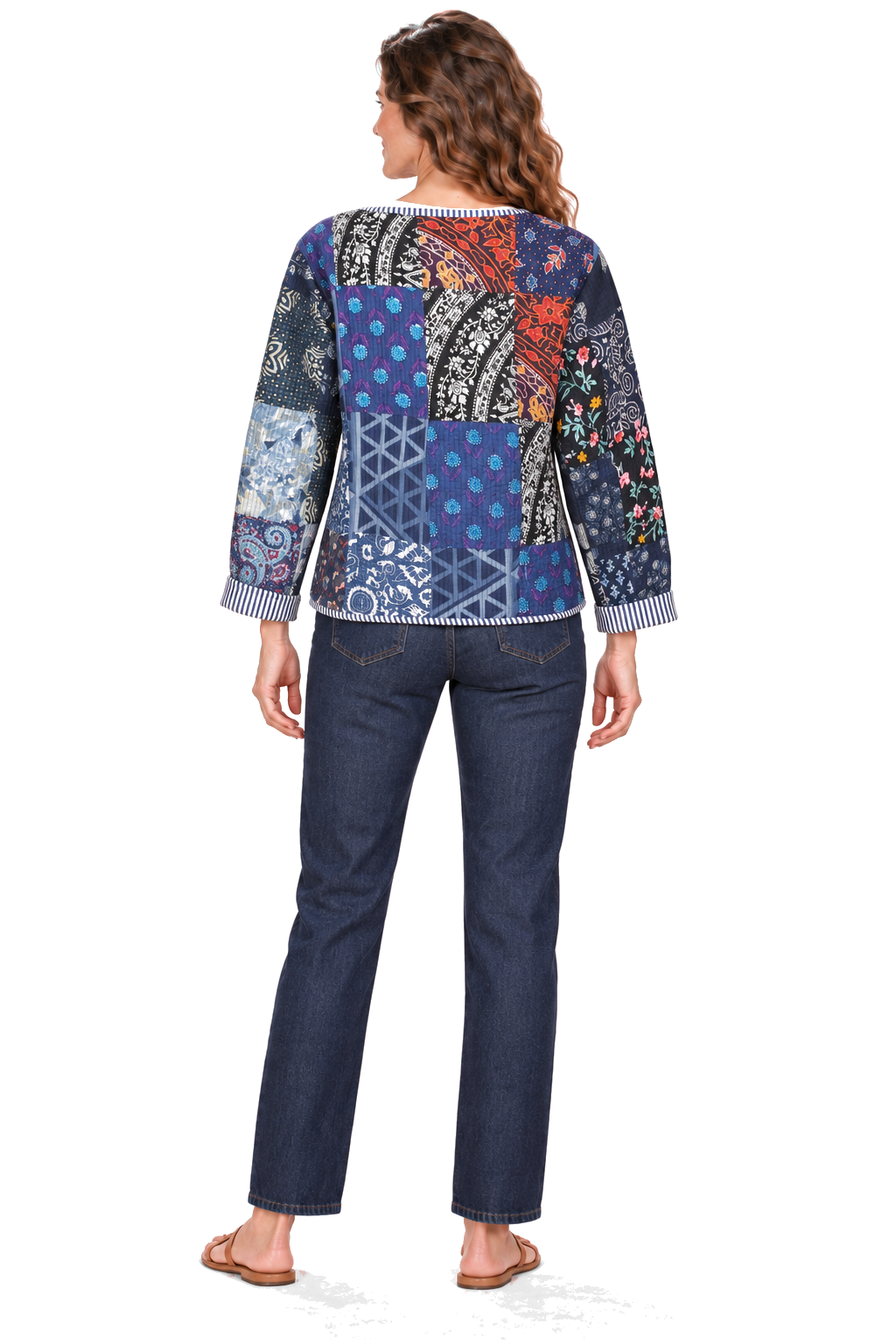 Navy patchwork reversible jacket — back view