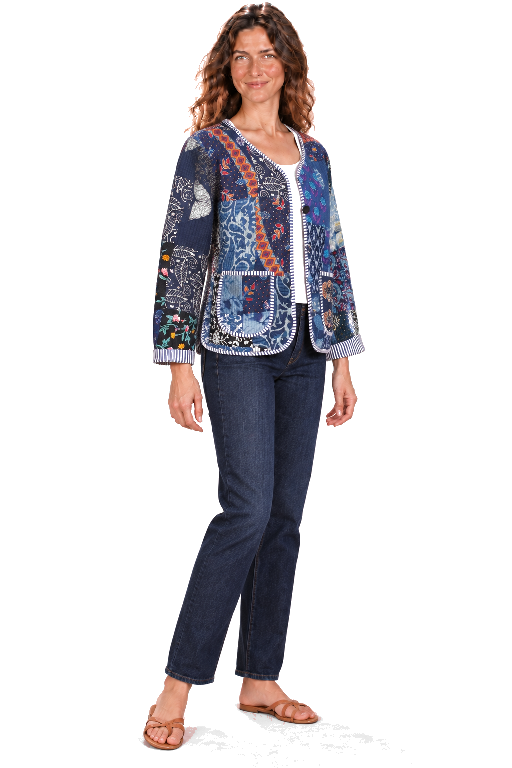 Navy patchwork reversible jacket — three-quarter view