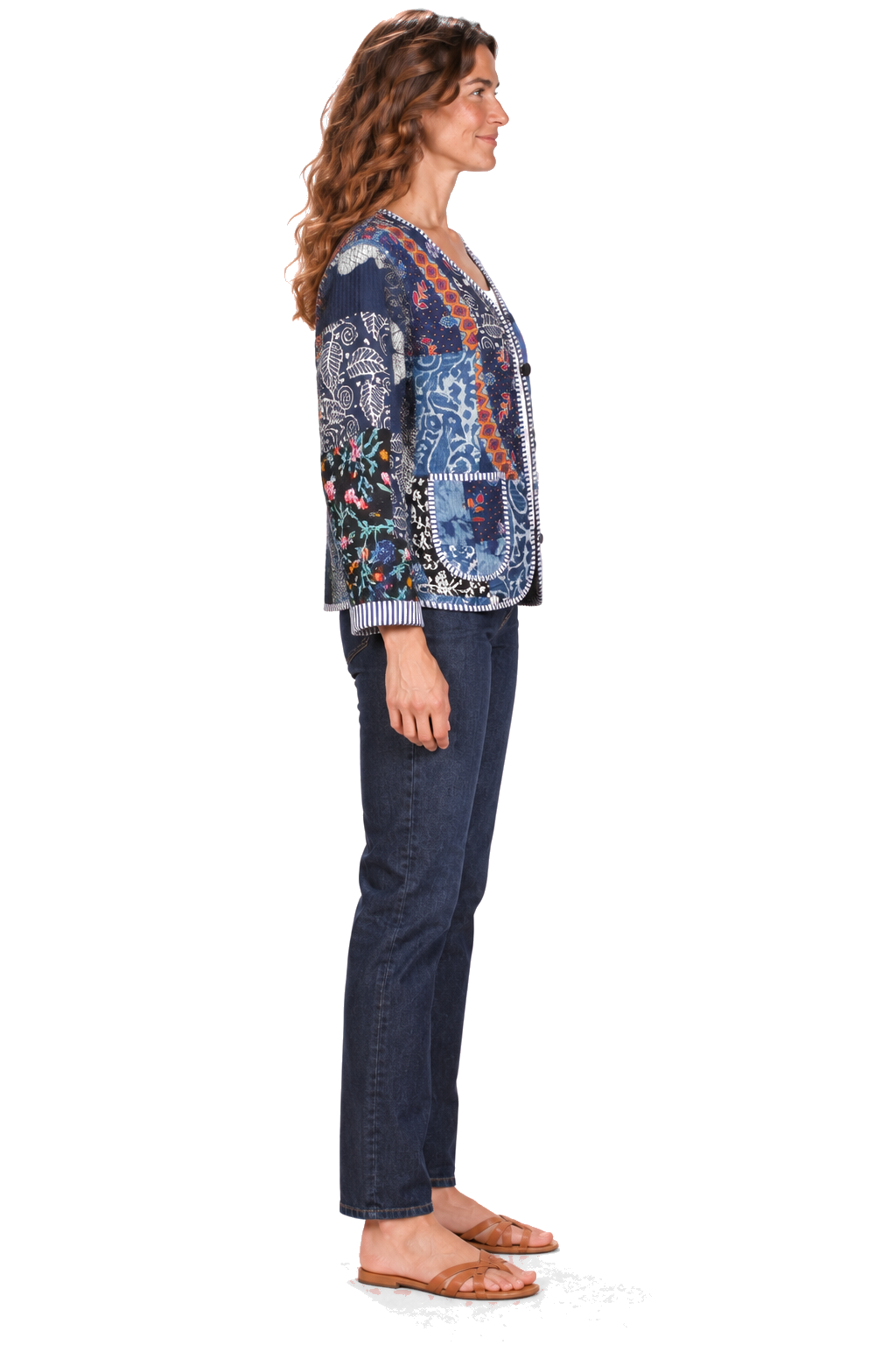 Navy patchwork reversible jacket — side view