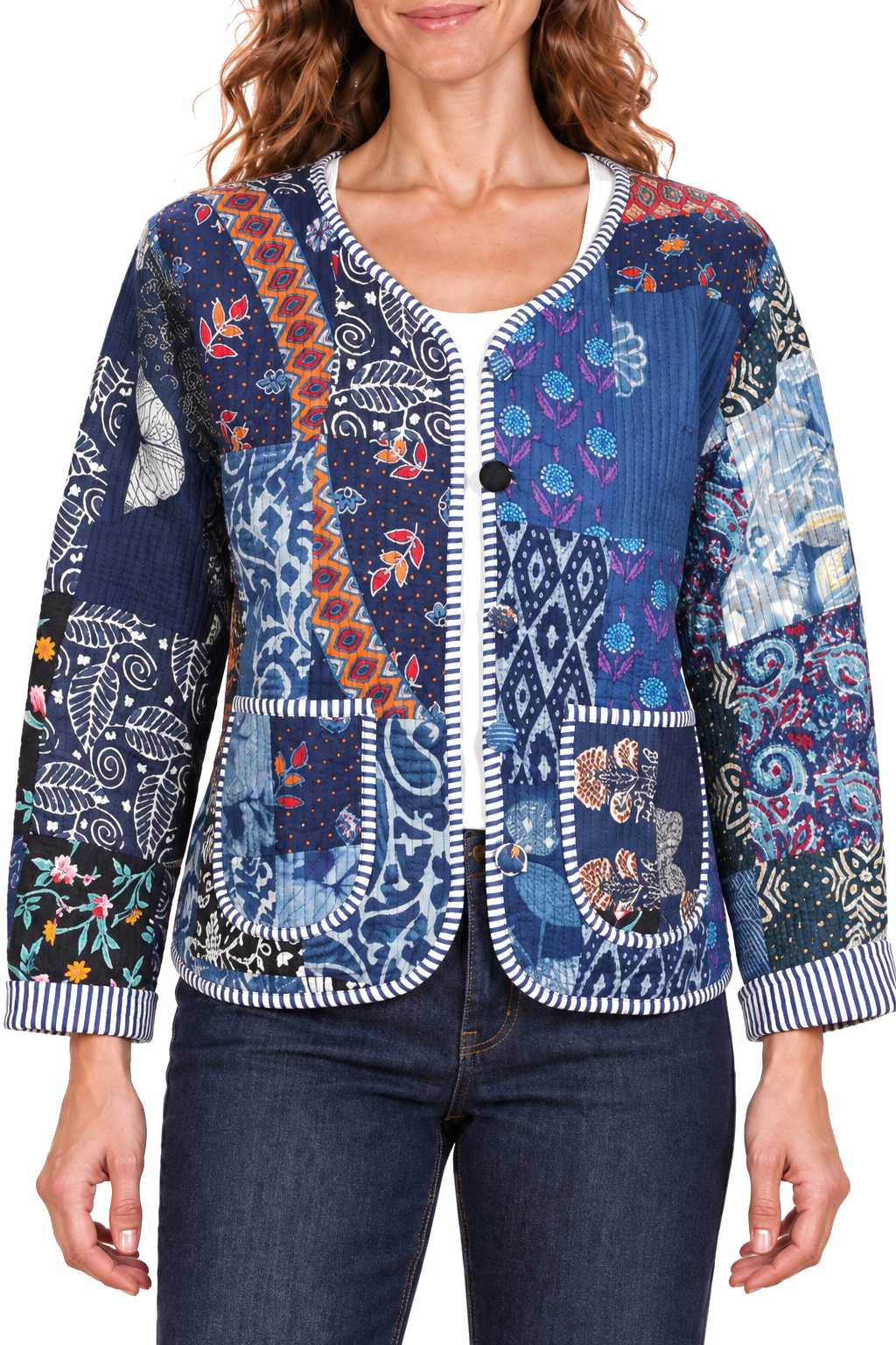 Navy patchwork reversible jacket — detail