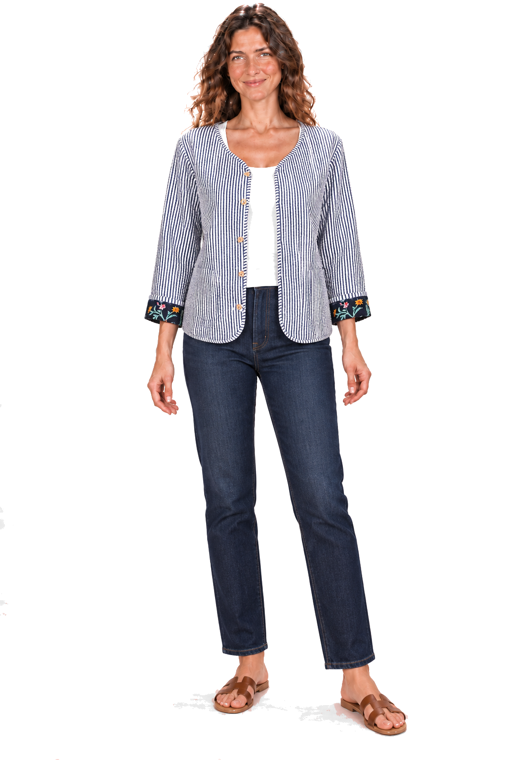 Navy white striped reversible jacket — front view