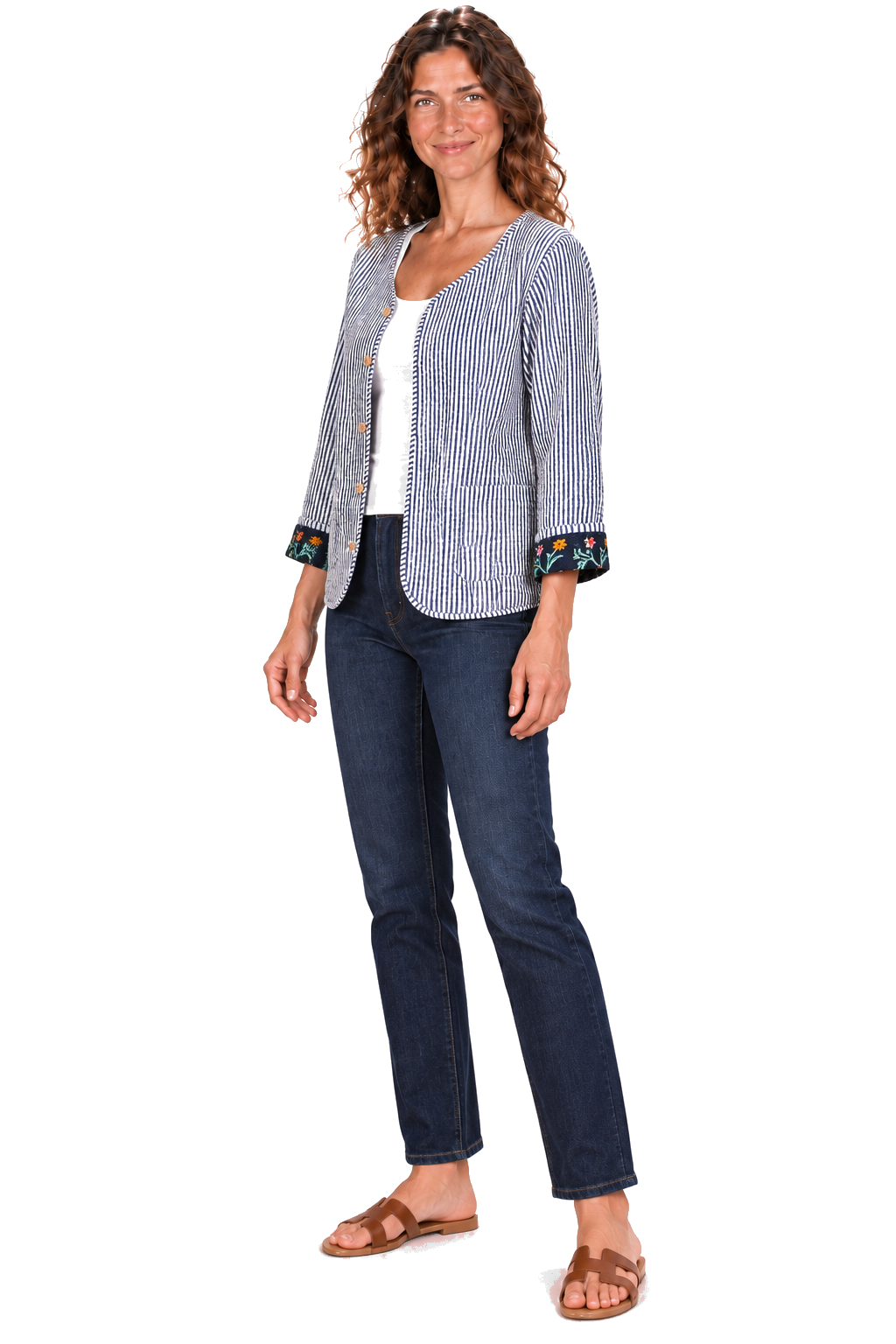 Navy white striped reversible jacket — three-quarter view