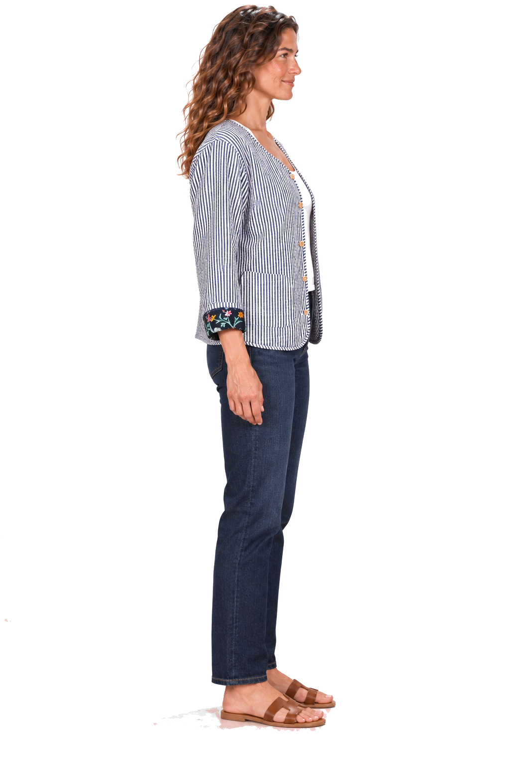 Navy white striped reversible jacket — side view