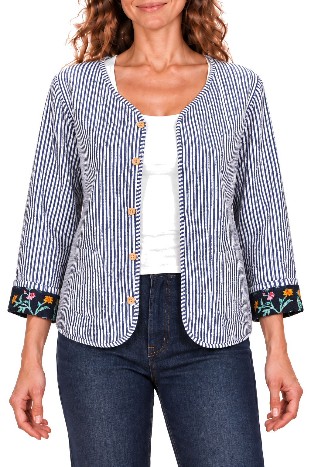 Navy white striped reversible jacket — detail