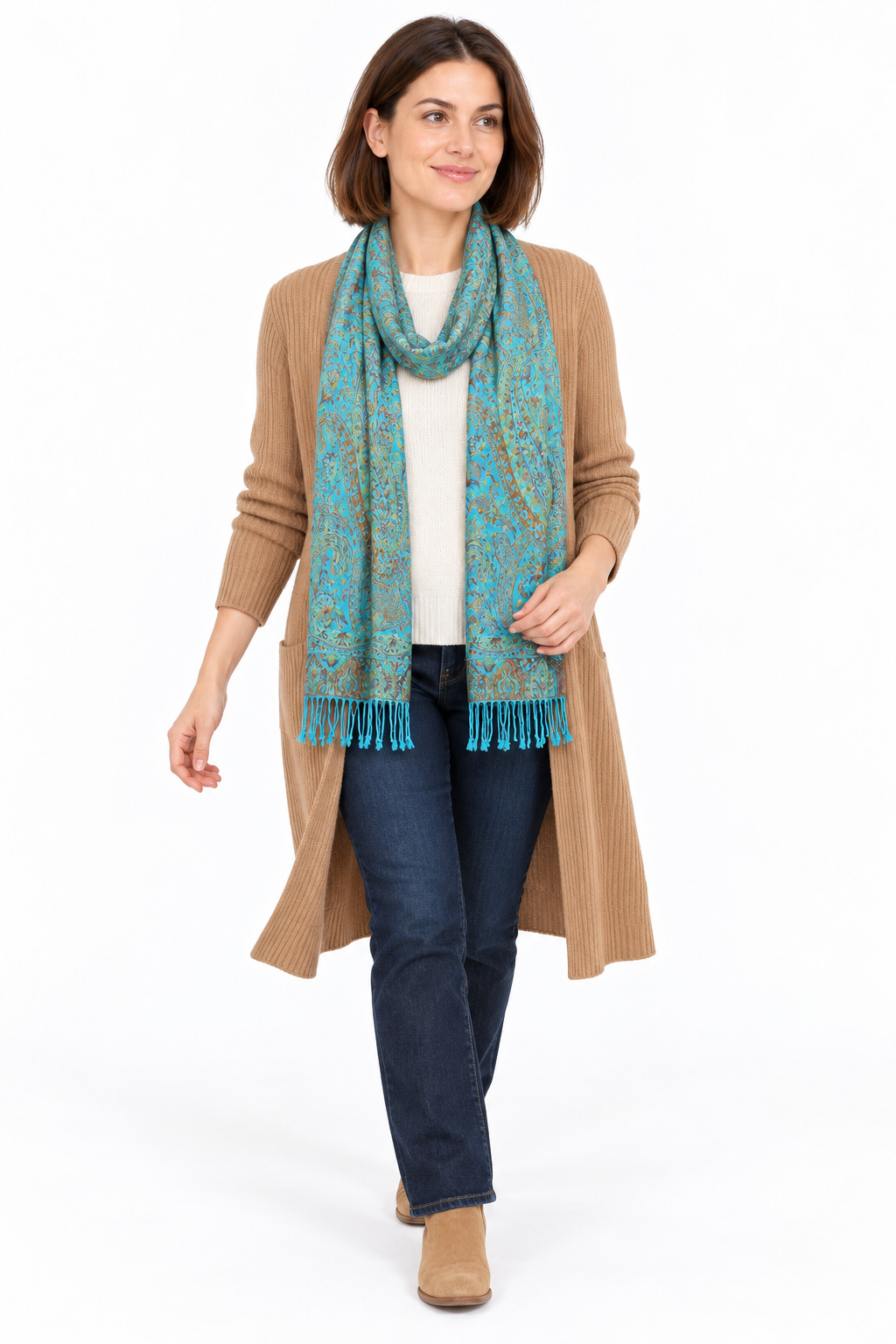 Aqua Gold Paisley Scarf / Shawl — winter styling model view