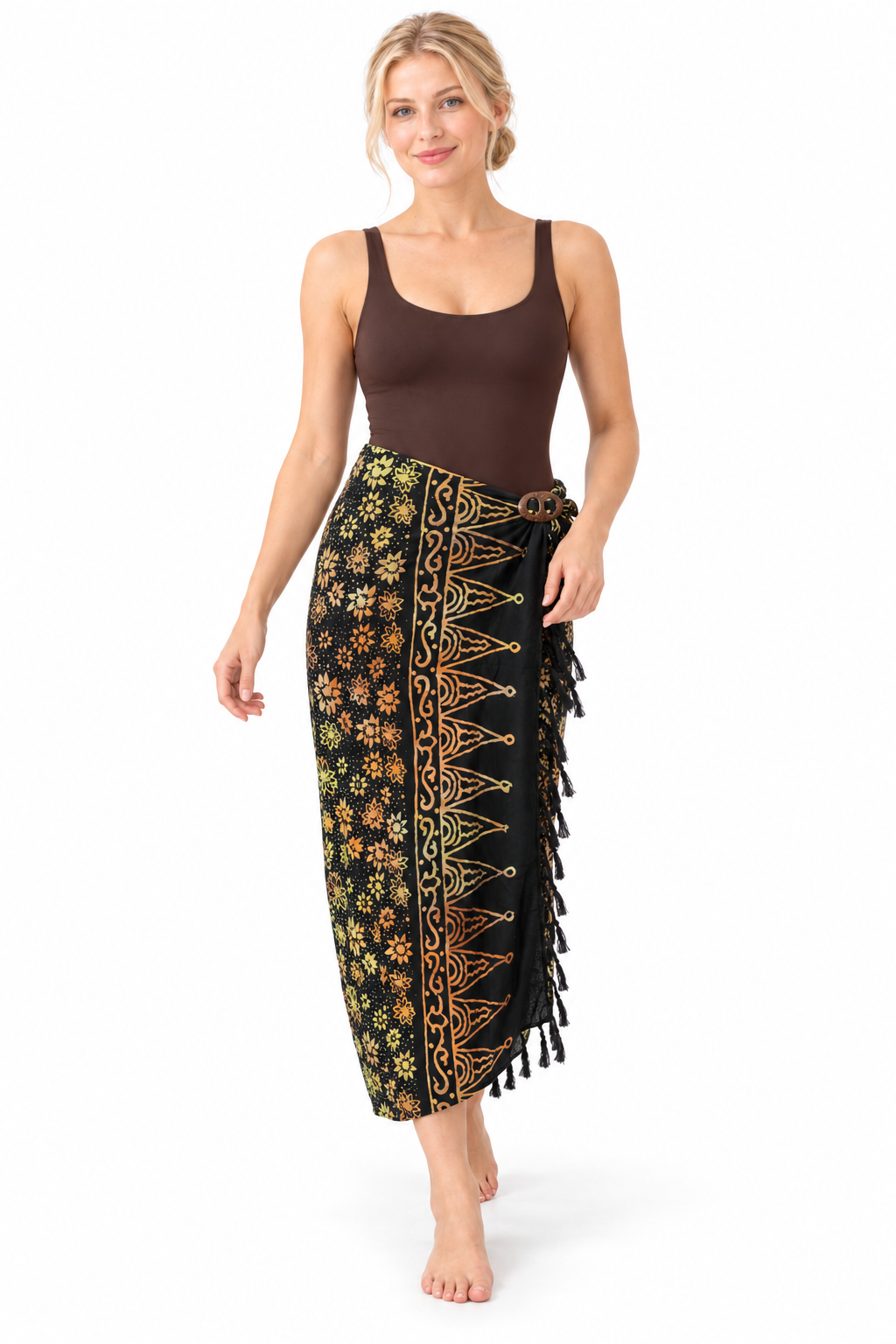 Black Gold Floral Sarong — long beach wrap with oval two-hole coconut buckle