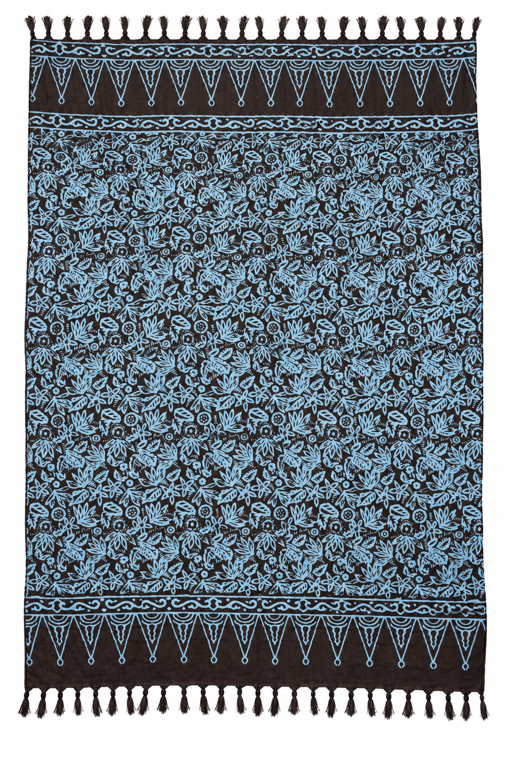 Black Pale Blue Floral Sarong — full opened product with fringed ends