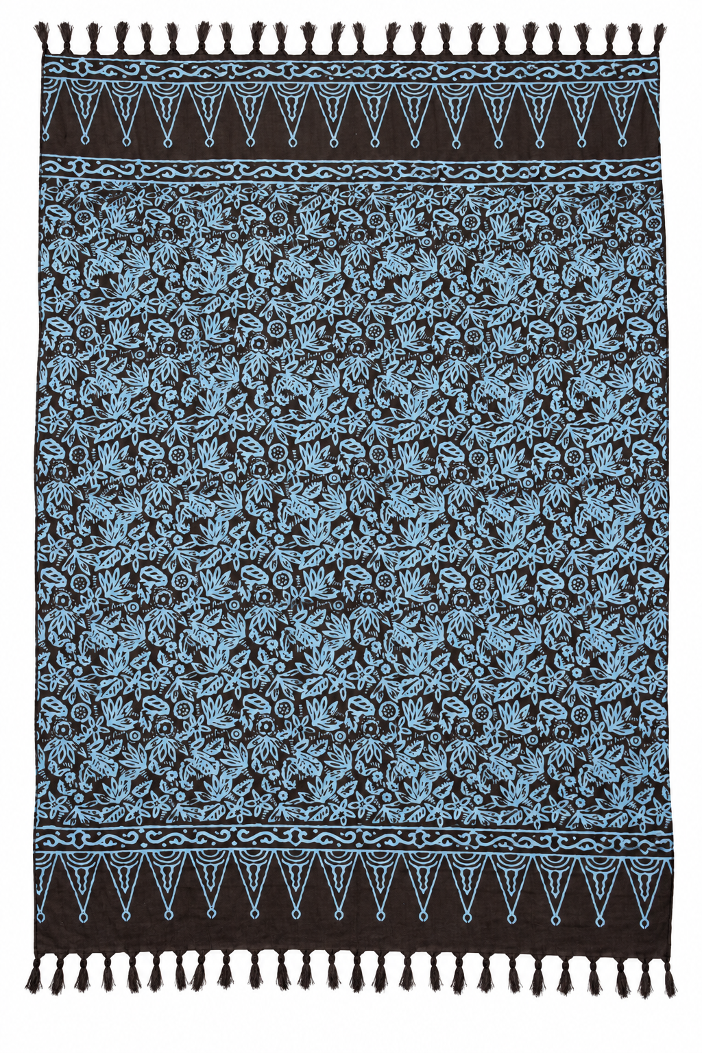Black Pale Blue Floral Sarong — full opened product with fringed ends