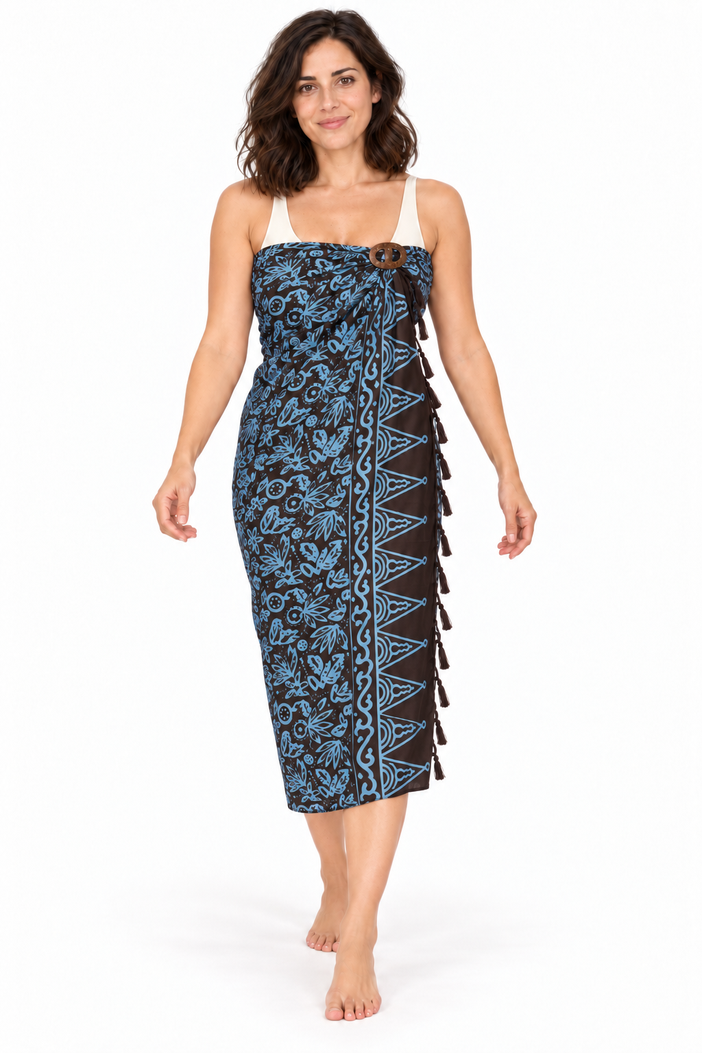 Black Pale Blue Floral Sarong — dress wrap over swimsuit with coconut buckle