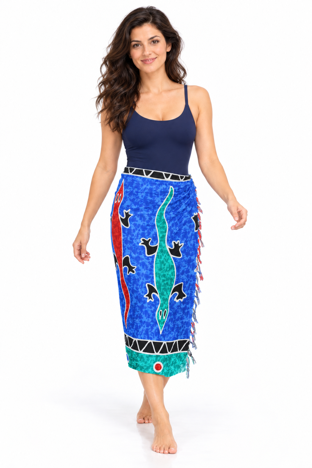 Blue Multicolour Lizards Sarong — waist wrap model view